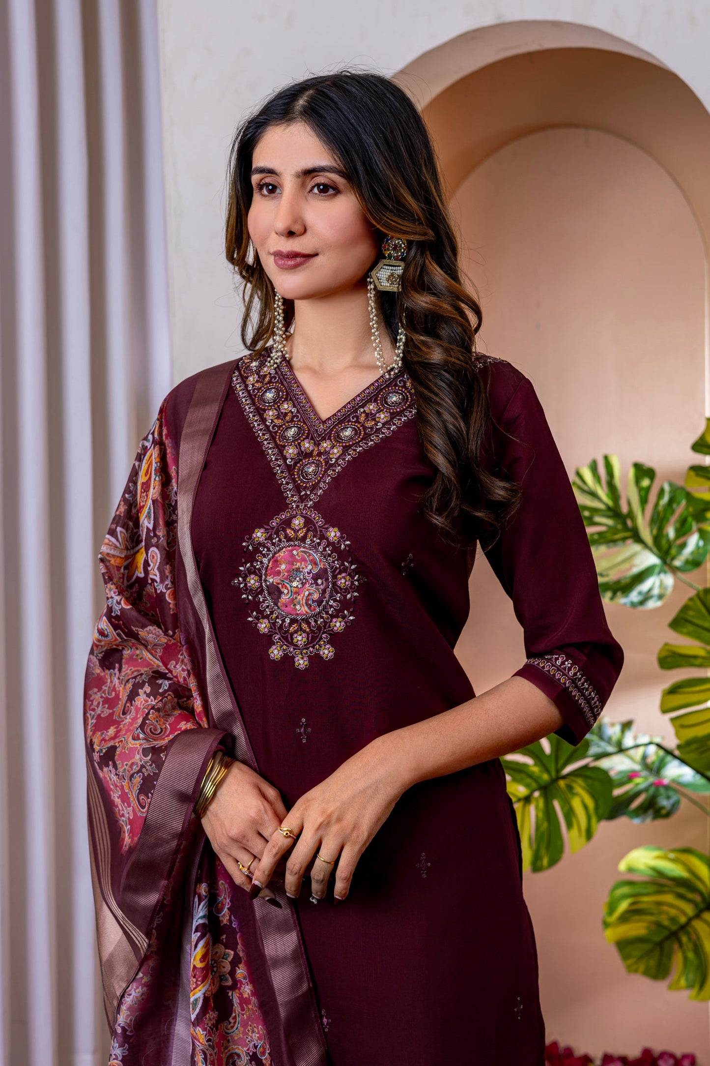 Lorenvalley Fashion Wine Marina Viscose Silk Embroidery Thread With Hand Work Kurta Pant Dupatta - Swadesiicart