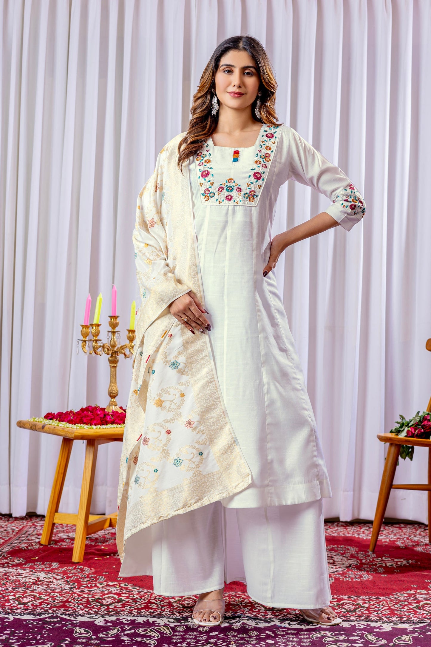 Lorenvalley Fashion White Mango Silk Multi Embroidery Thread,With Hand Work Kurta Palazzo Dupatta | Swadesiicart