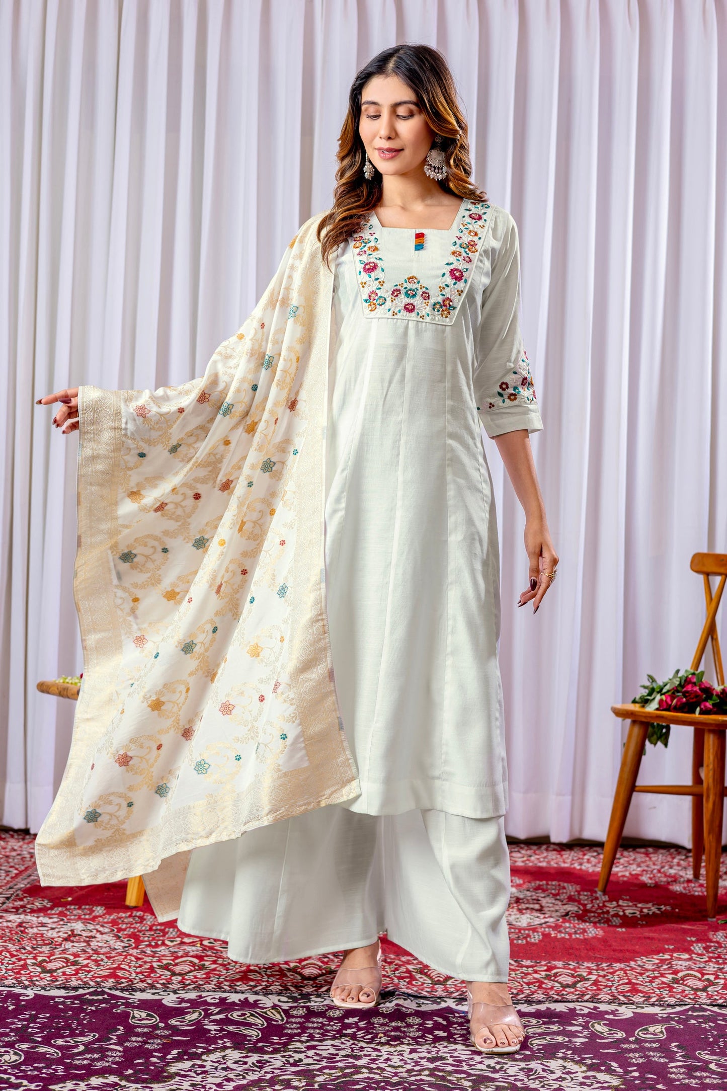 Lorenvalley Fashion White Mango Silk Multi Embroidery Thread,With Hand Work Kurta Palazzo Dupatta | Swadesiicart