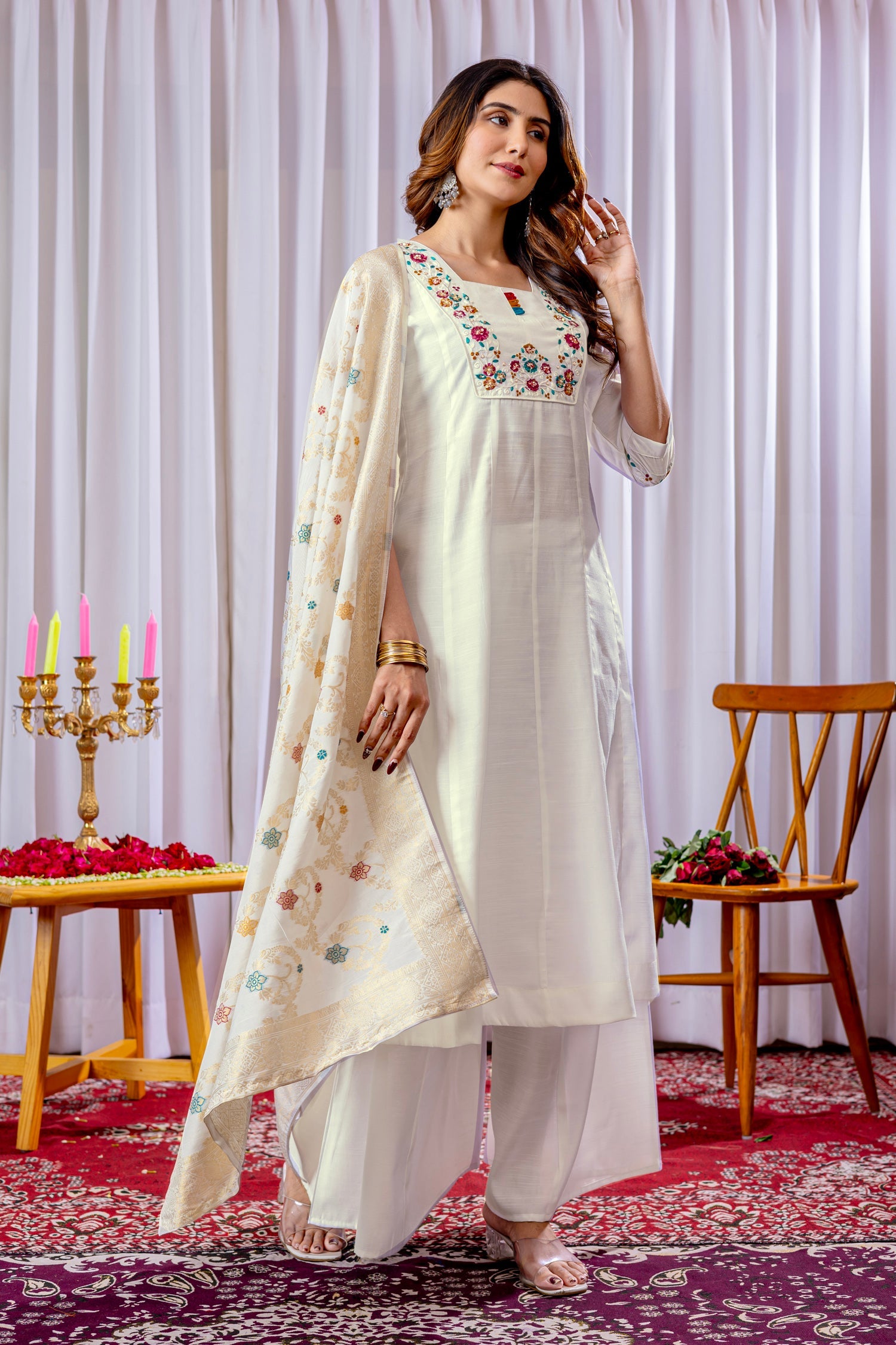 Lorenvalley Fashion White Mango Silk Multi Embroidery Thread,With Hand Work Kurta Palazzo Dupatta | Swadesiicart