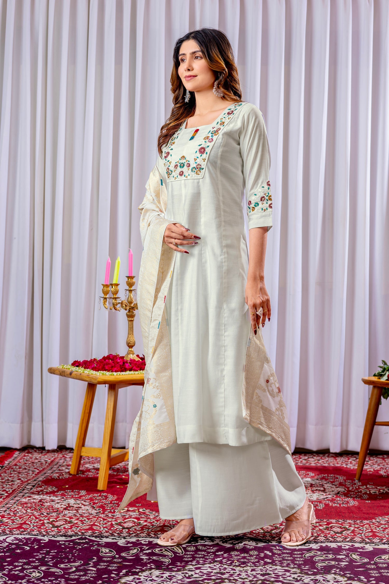 Lorenvalley Fashion White Mango Silk Multi Embroidery Thread,With Hand Work Kurta Palazzo Dupatta | Swadesiicart