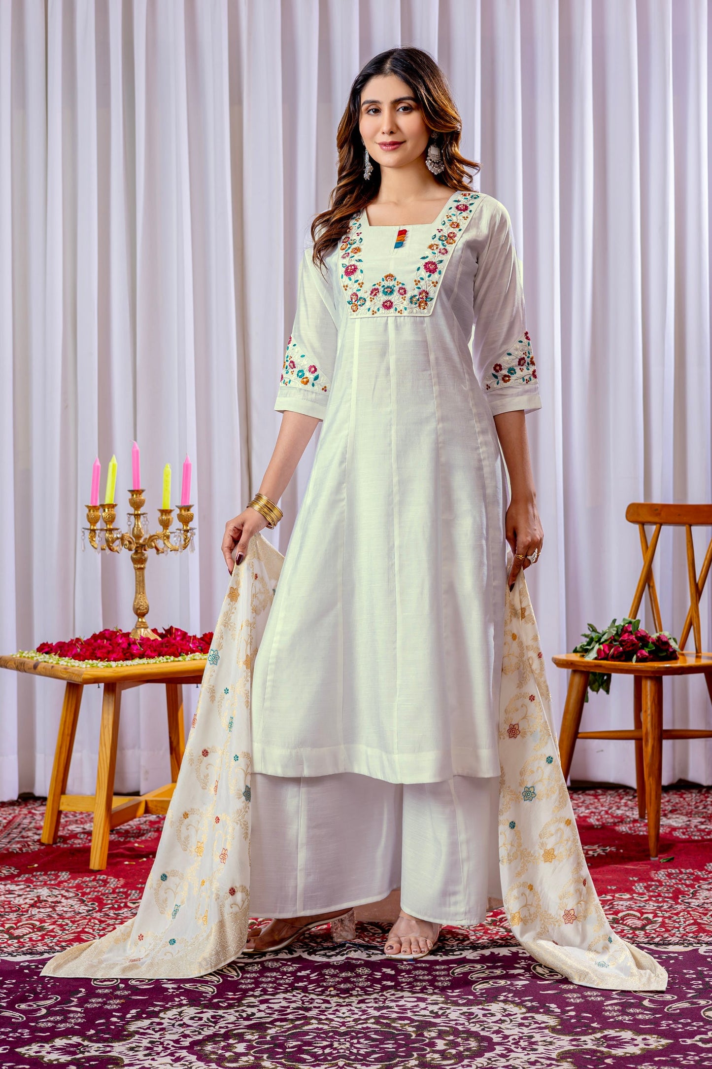 Lorenvalley Fashion White Mango Silk Multi Embroidery Thread,With Hand Work Kurta Palazzo Dupatta | Swadesiicart