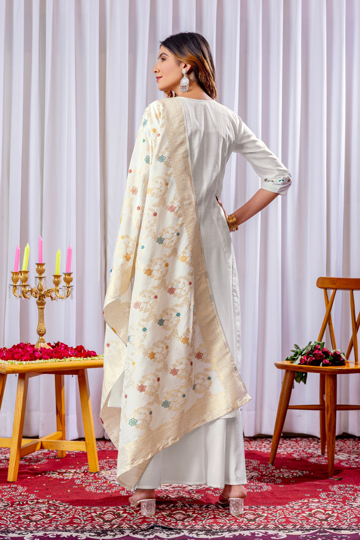 Lorenvalley Fashion White Mango Silk Multi Embroidery Thread,With Hand Work Kurta Palazzo Dupatta | Swadesiicart