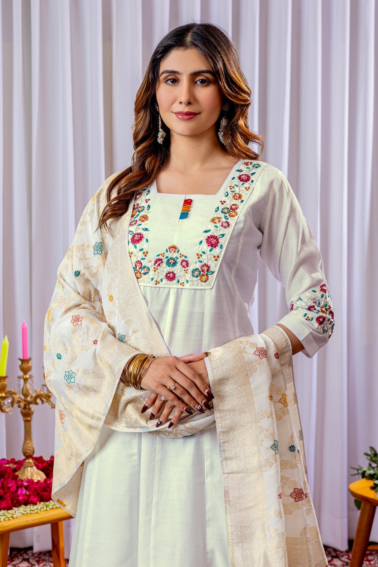 Lorenvalley Fashion White Mango Silk Multi Embroidery Thread,With Hand Work Kurta Palazzo Dupatta | Swadesiicart