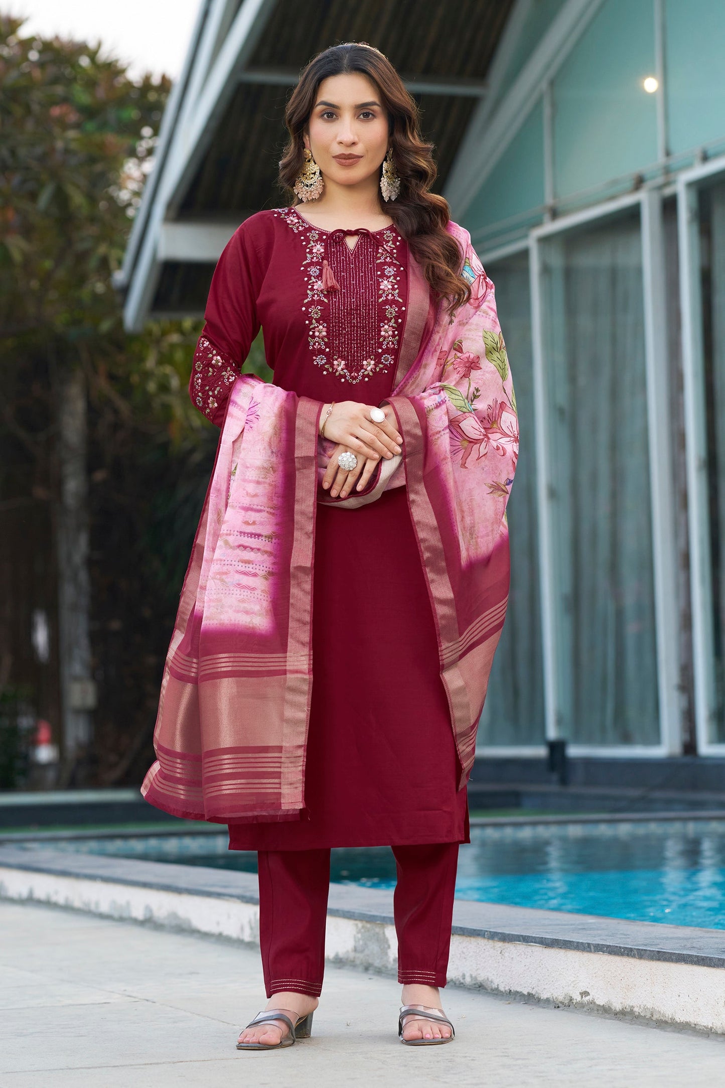 Lorenvalley Fashion Maroon Viscose Silk Multi Embroidery Thread,With Hand Work Kurta Pant Dupatta - Swadesiicart