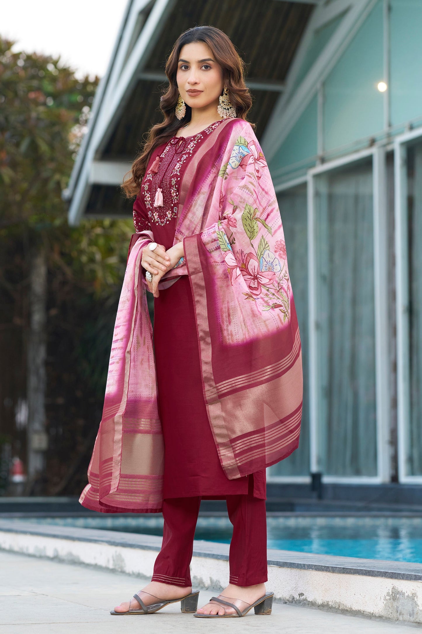 Lorenvalley Fashion Maroon Viscose Silk Multi Embroidery Thread,With Hand Work Kurta Pant Dupatta - Swadesiicart