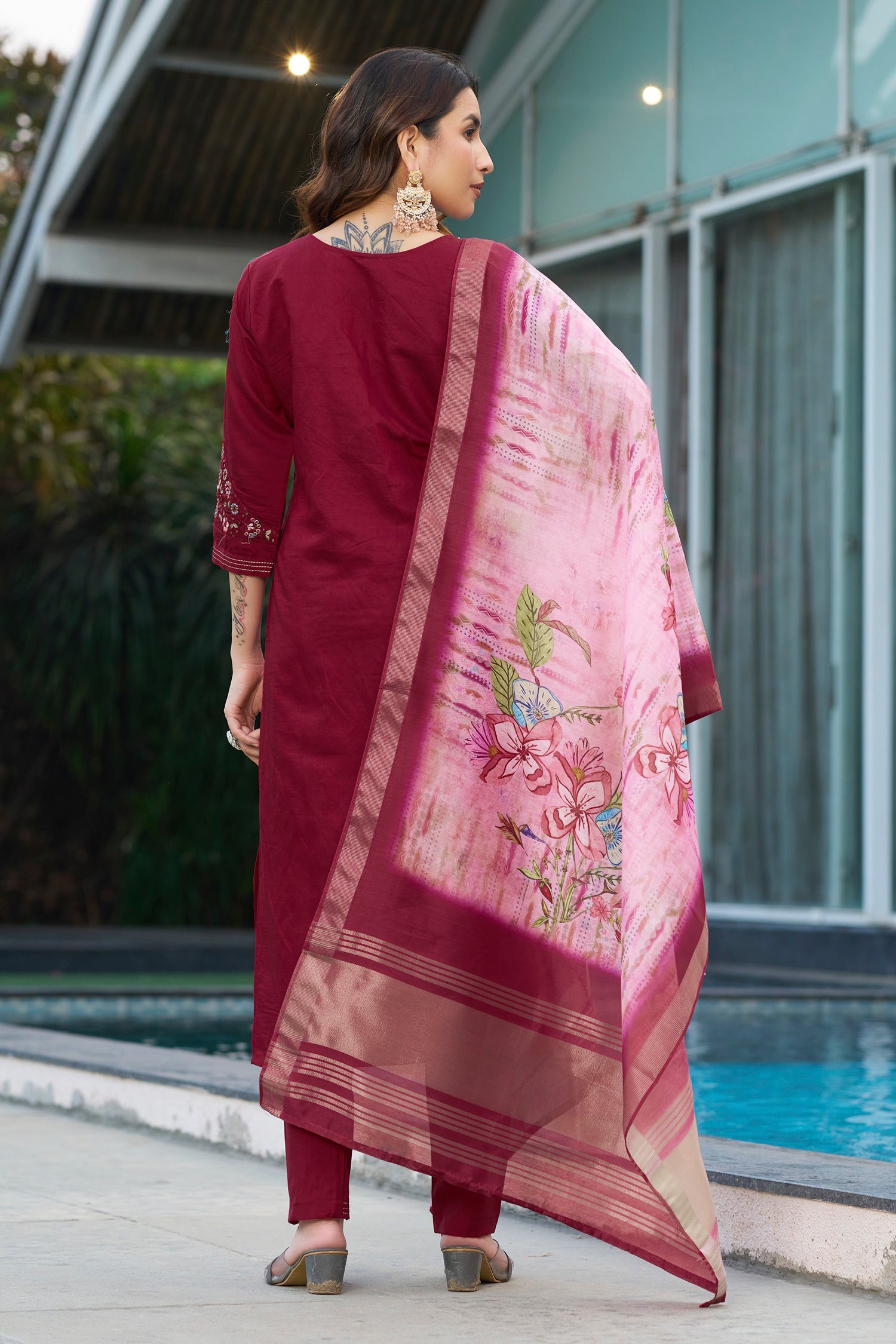 Lorenvalley Fashion Maroon Viscose Silk Multi Embroidery Thread,With Hand Work Kurta Pant Dupatta - Swadesiicart