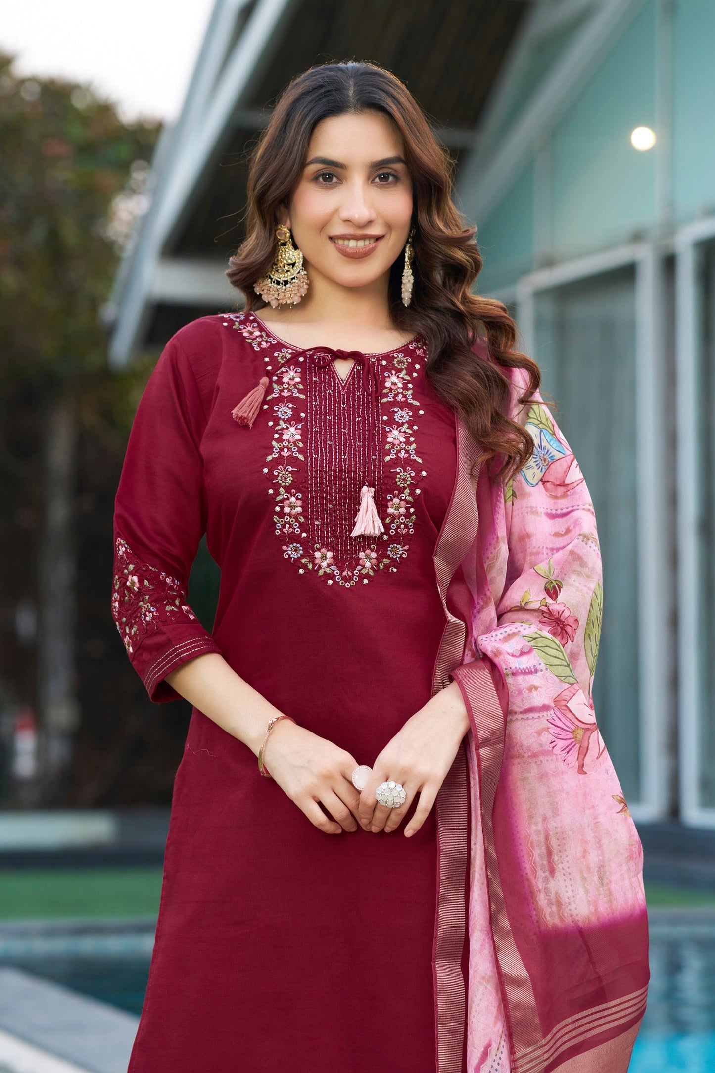 Lorenvalley Fashion Maroon Viscose Silk Multi Embroidery Thread,With Hand Work Kurta Pant Dupatta - Swadesiicart