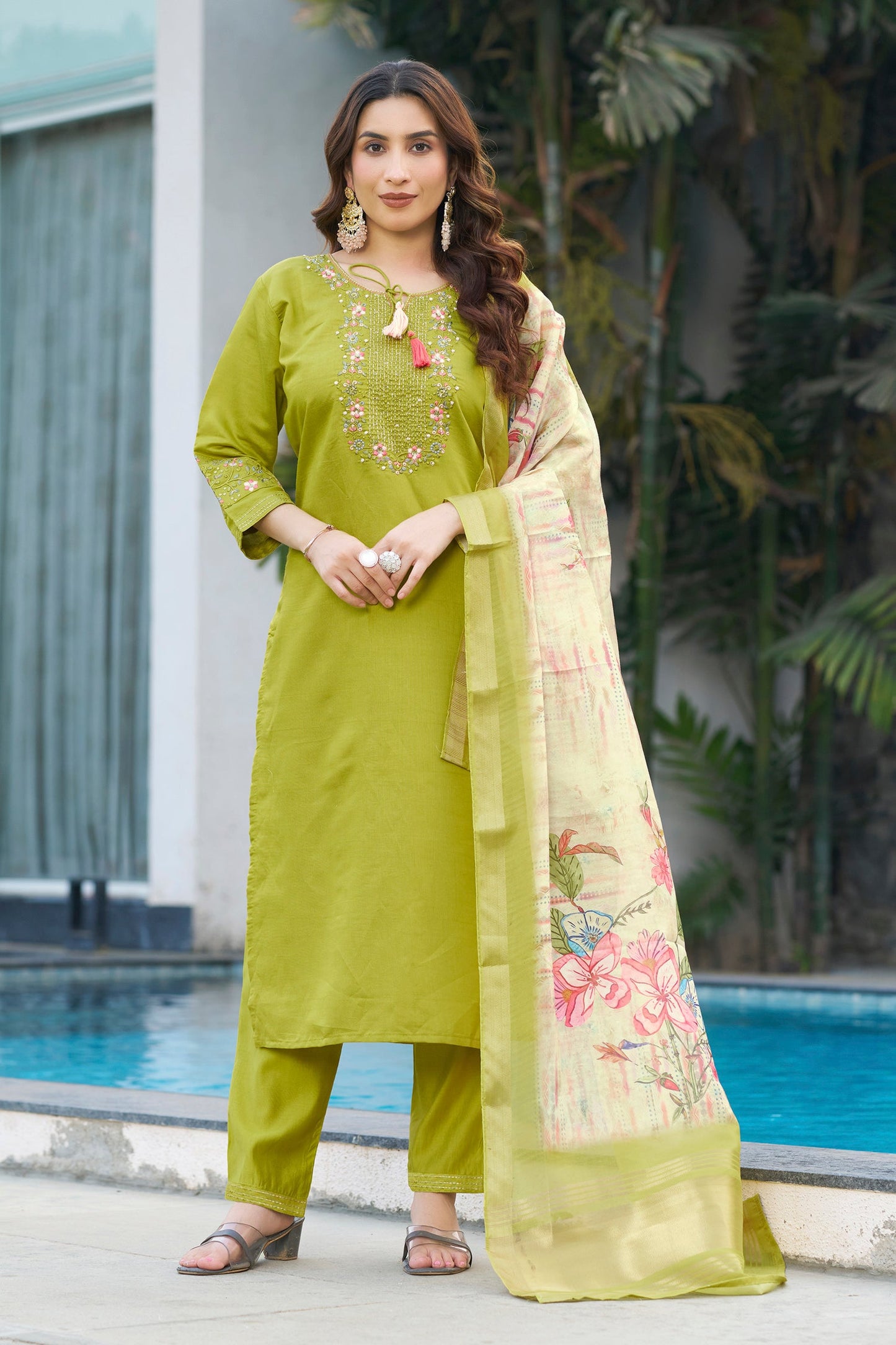 Lorenvalley Fashion Parrotgreen Viscose Silk Multi Embroidery Thread,With Hand Work Kurta Pant Dupatta - Swadesiicart