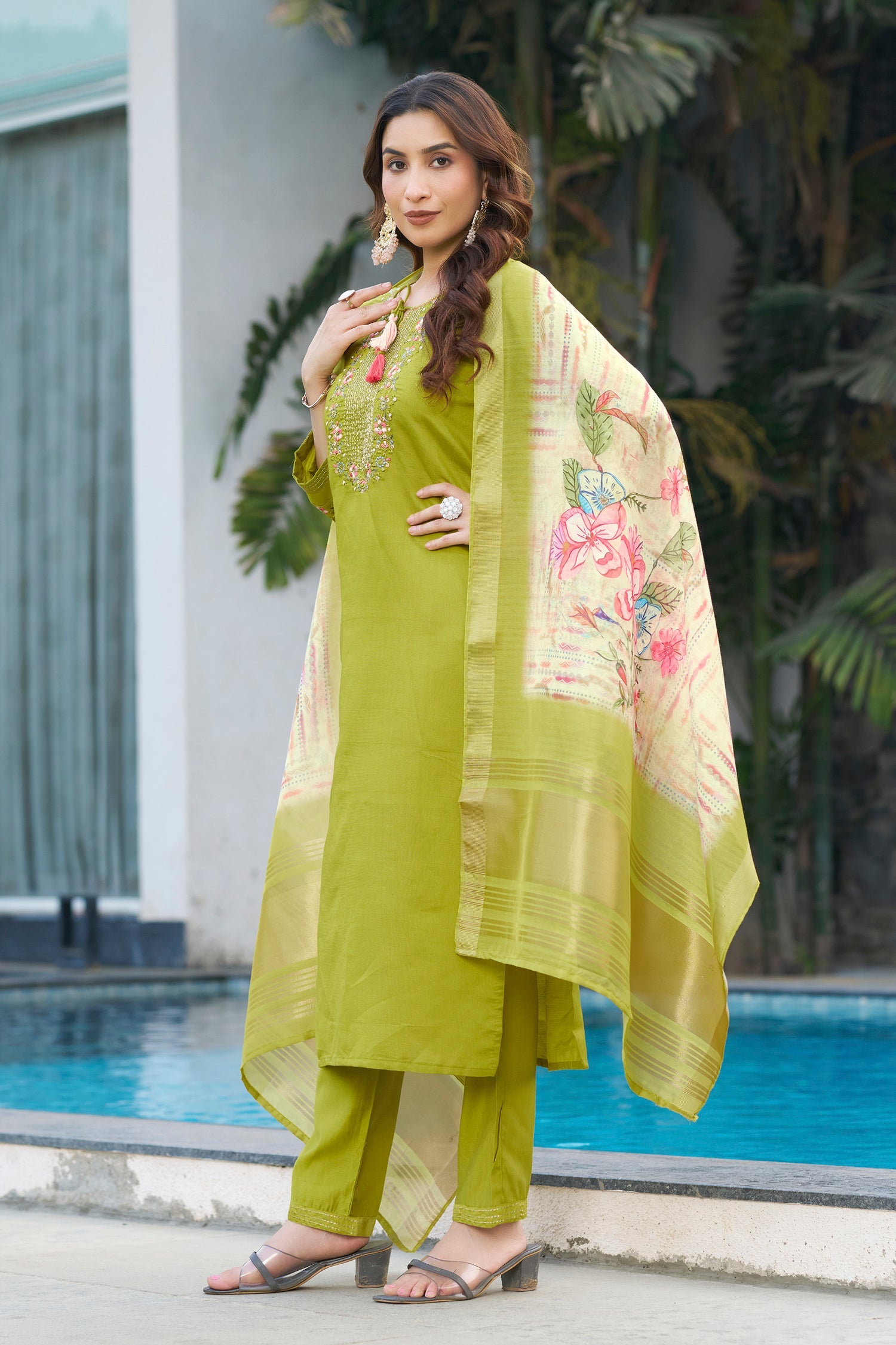 Lorenvalley Fashion Parrotgreen Viscose Silk Multi Embroidery Thread,With Hand Work Kurta Pant Dupatta - Swadesiicart