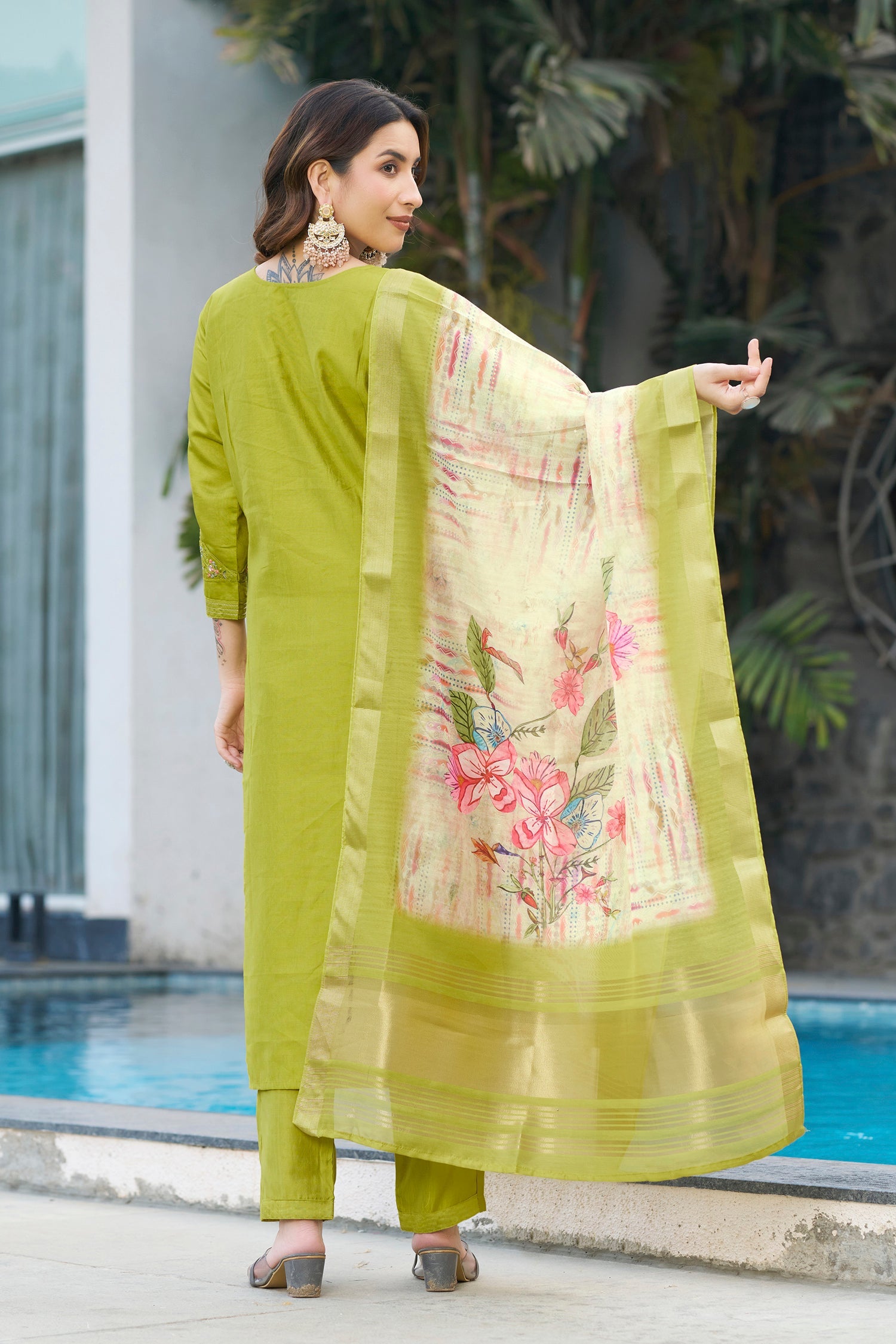 Lorenvalley Fashion Parrotgreen Viscose Silk Multi Embroidery Thread,With Hand Work Kurta Pant Dupatta - Swadesiicart