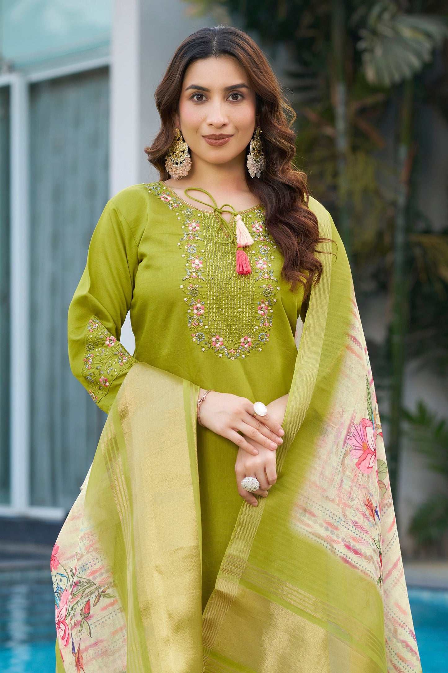 Lorenvalley Fashion Parrotgreen Viscose Silk Multi Embroidery Thread,With Hand Work Kurta Pant Dupatta - Swadesiicart