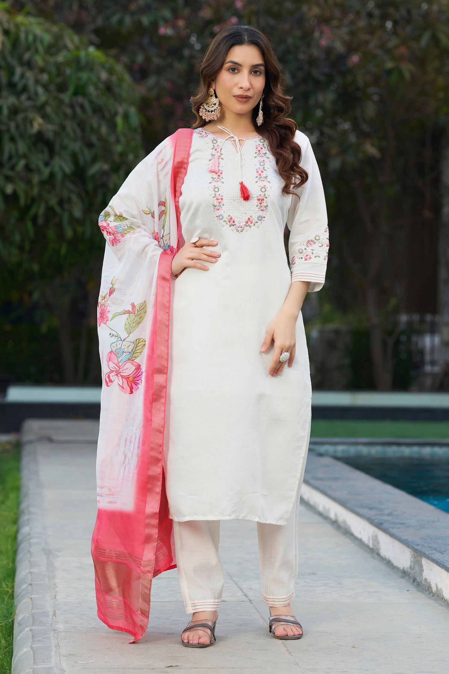 Lorenvalley Fashion White Viscose Silk Multi Embroidery Thread,With Hand Work Kurta Pant Dupatta - Swadesiicart