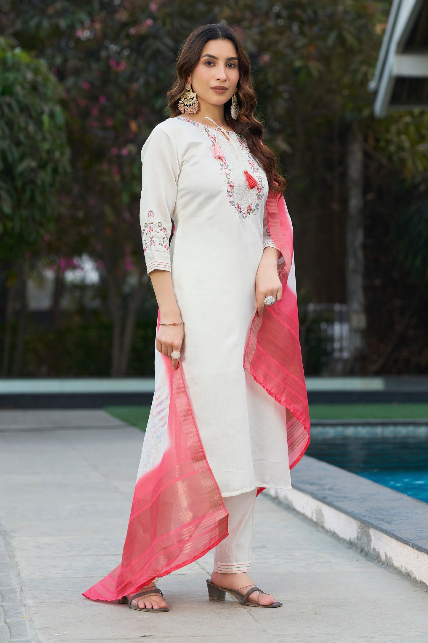 Lorenvalley Fashion White Viscose Silk Multi Embroidery Thread,With Hand Work Kurta Pant Dupatta - Swadesiicart