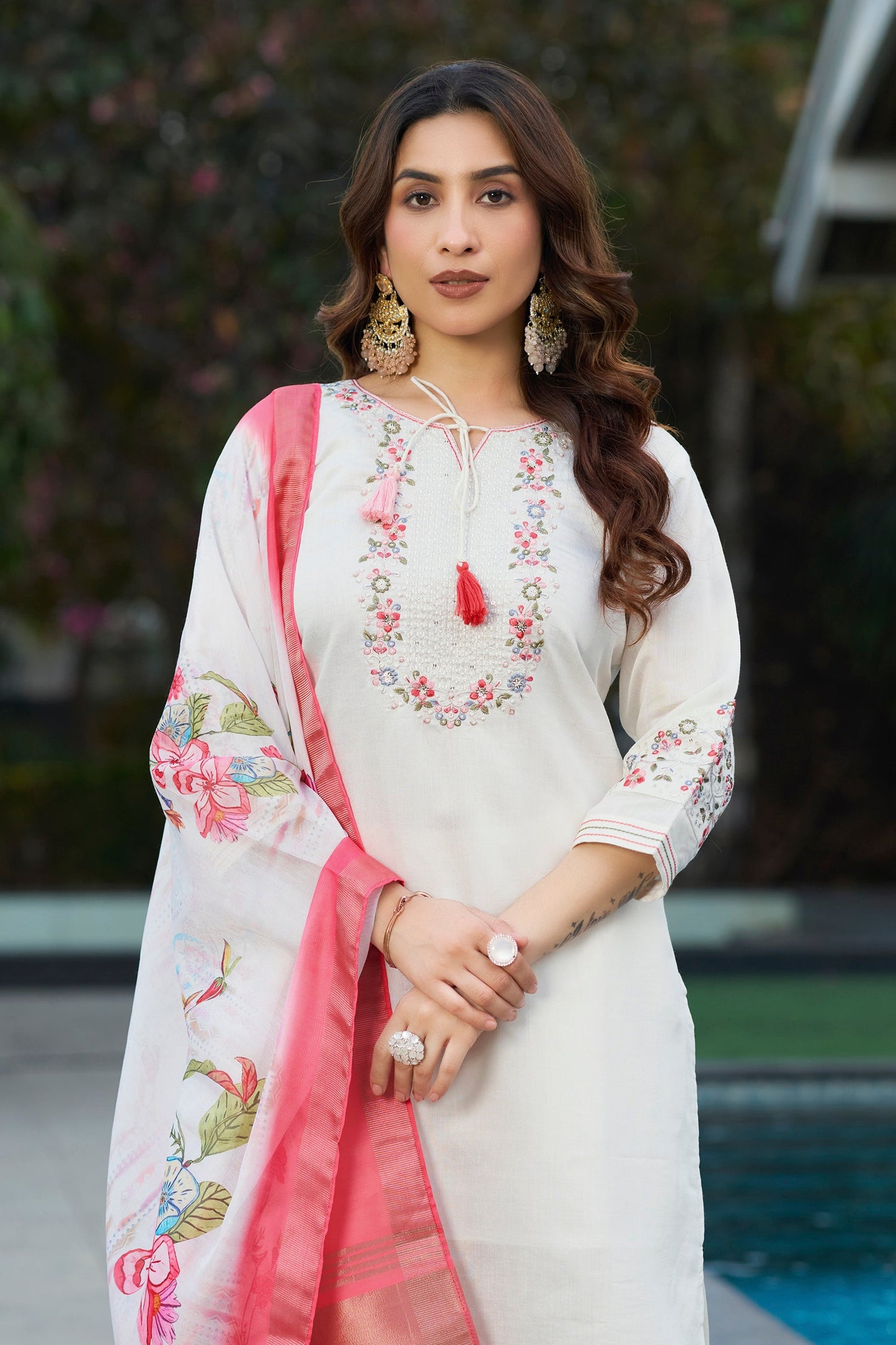 Lorenvalley Fashion White Viscose Silk Multi Embroidery Thread,With Hand Work Kurta Pant Dupatta - Swadesiicart