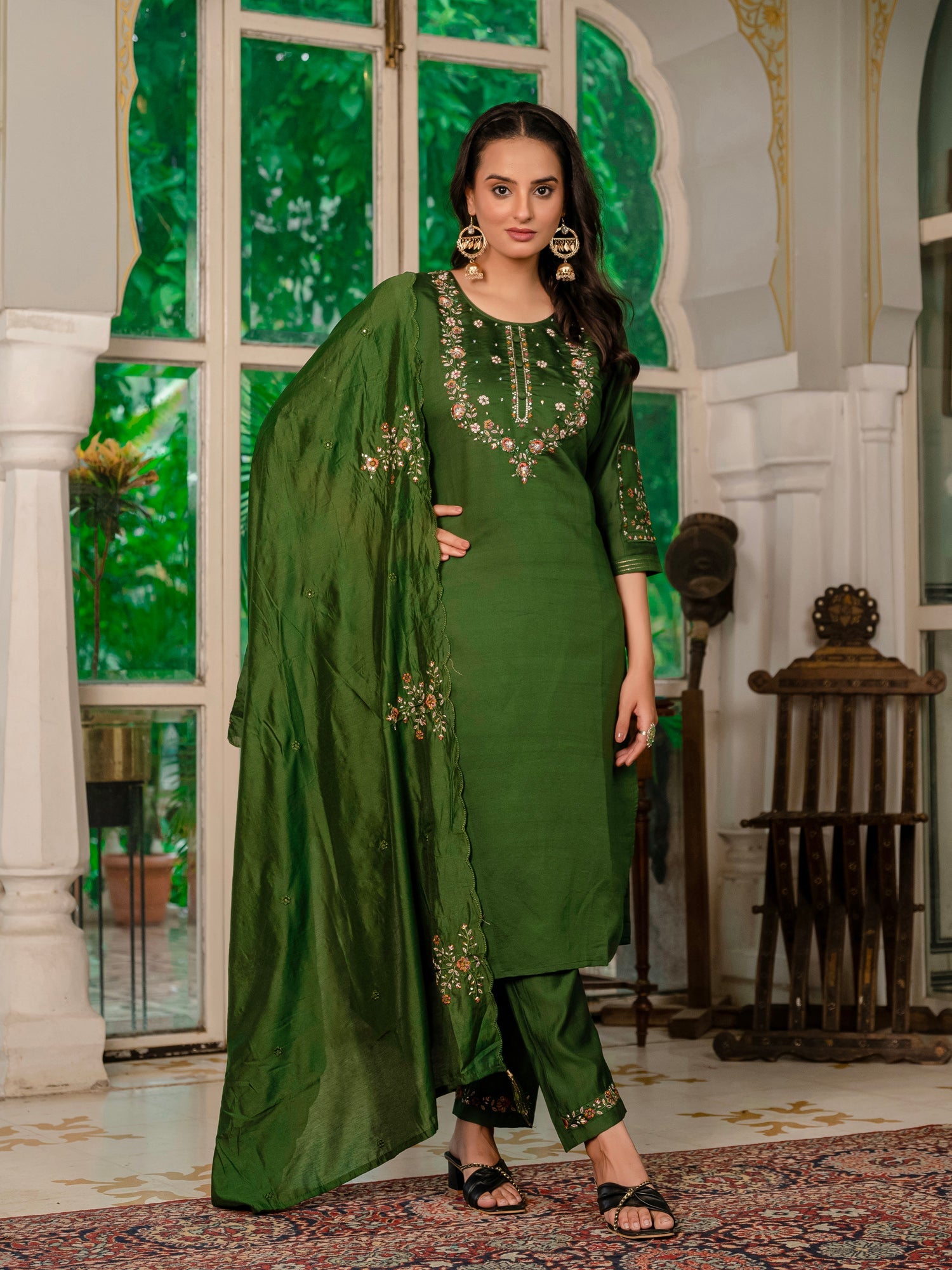 Lorenvalley Fashion Green Marina Silk Multi Embroidery Thread,With Hand Work Kurta Pant Dupatta - Swadesiicart