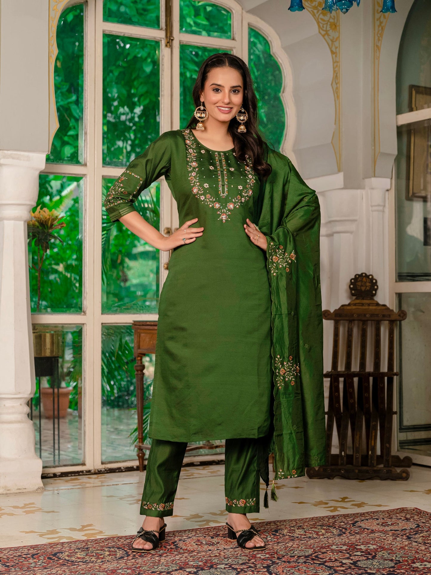 Lorenvalley Fashion Green Marina Silk Multi Embroidery Thread,With Hand Work Kurta Pant Dupatta - Swadesiicart