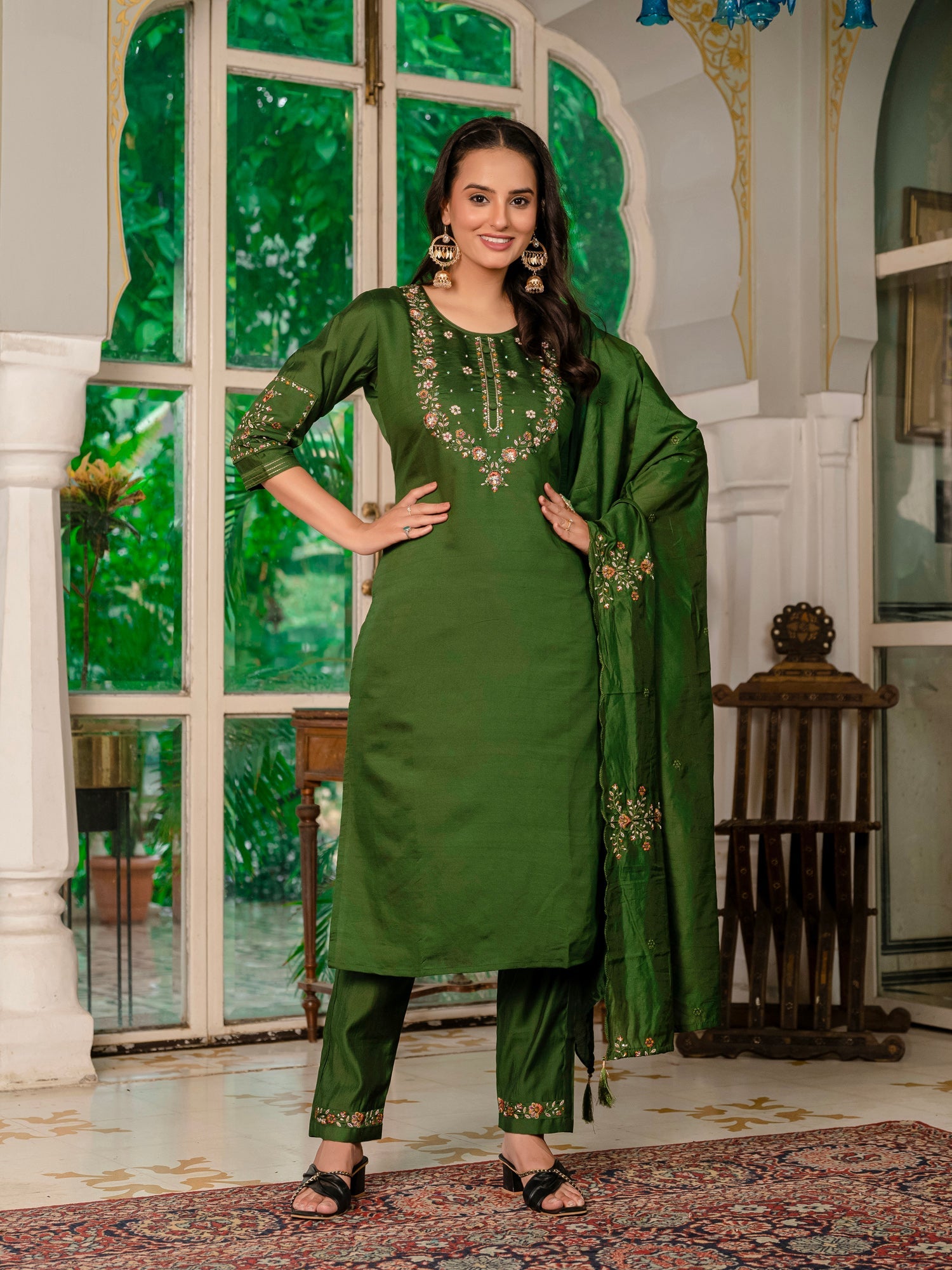 Lorenvalley Fashion Green Marina Silk Multi Embroidery Thread,With Hand Work Kurta Pant Dupatta - Swadesiicart
