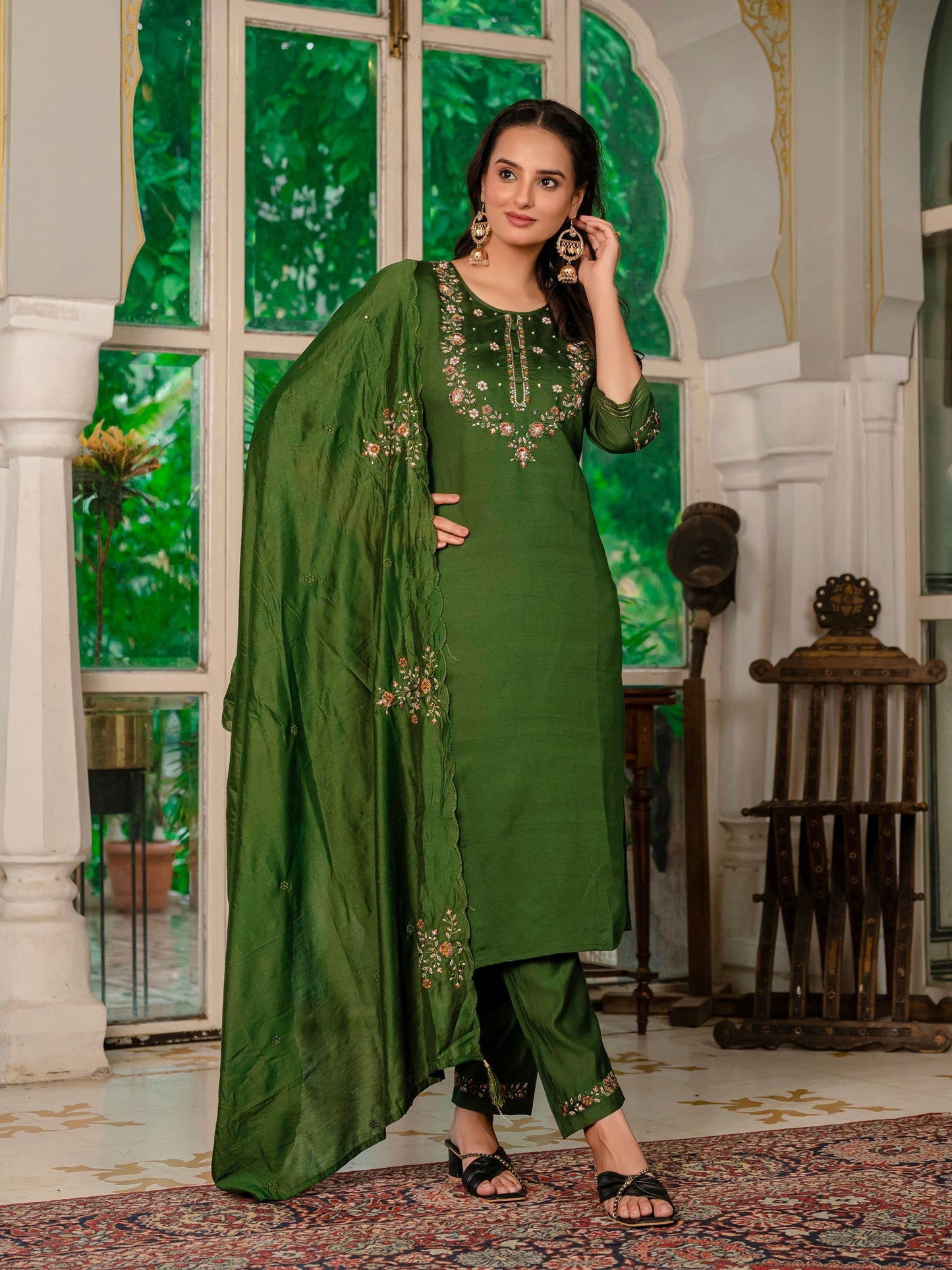 Lorenvalley Fashion Green Marina Silk Multi Embroidery Thread,With Hand Work Kurta Pant Dupatta - Swadesiicart
