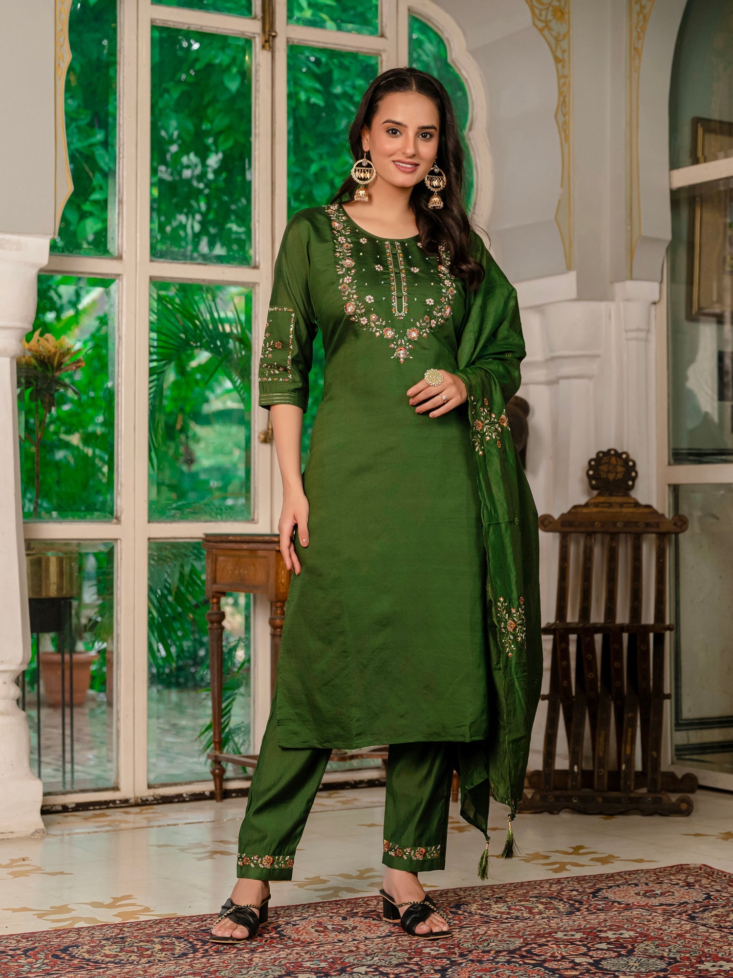 Lorenvalley Fashion Green Marina Silk Multi Embroidery Thread,With Hand Work Kurta Pant Dupatta - Swadesiicart