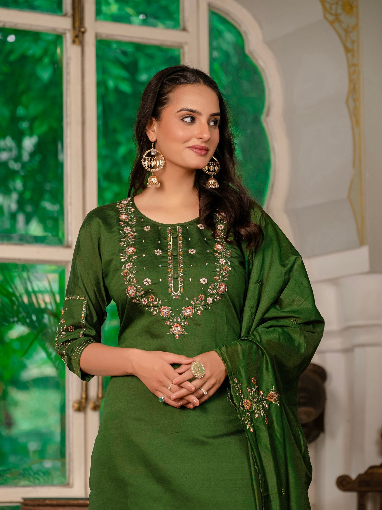 Lorenvalley Fashion Green Marina Silk Multi Embroidery Thread,With Hand Work Kurta Pant Dupatta - Swadesiicart