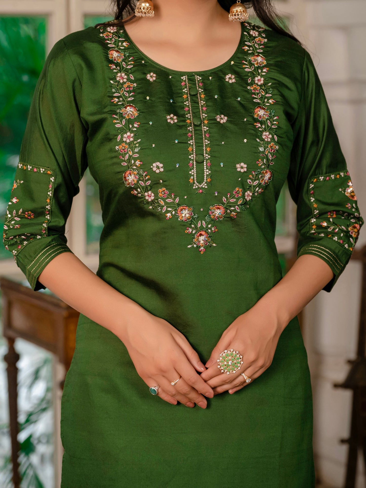 Lorenvalley Fashion Green Marina Silk Multi Embroidery Thread,With Hand Work Kurta Pant Dupatta - Swadesiicart