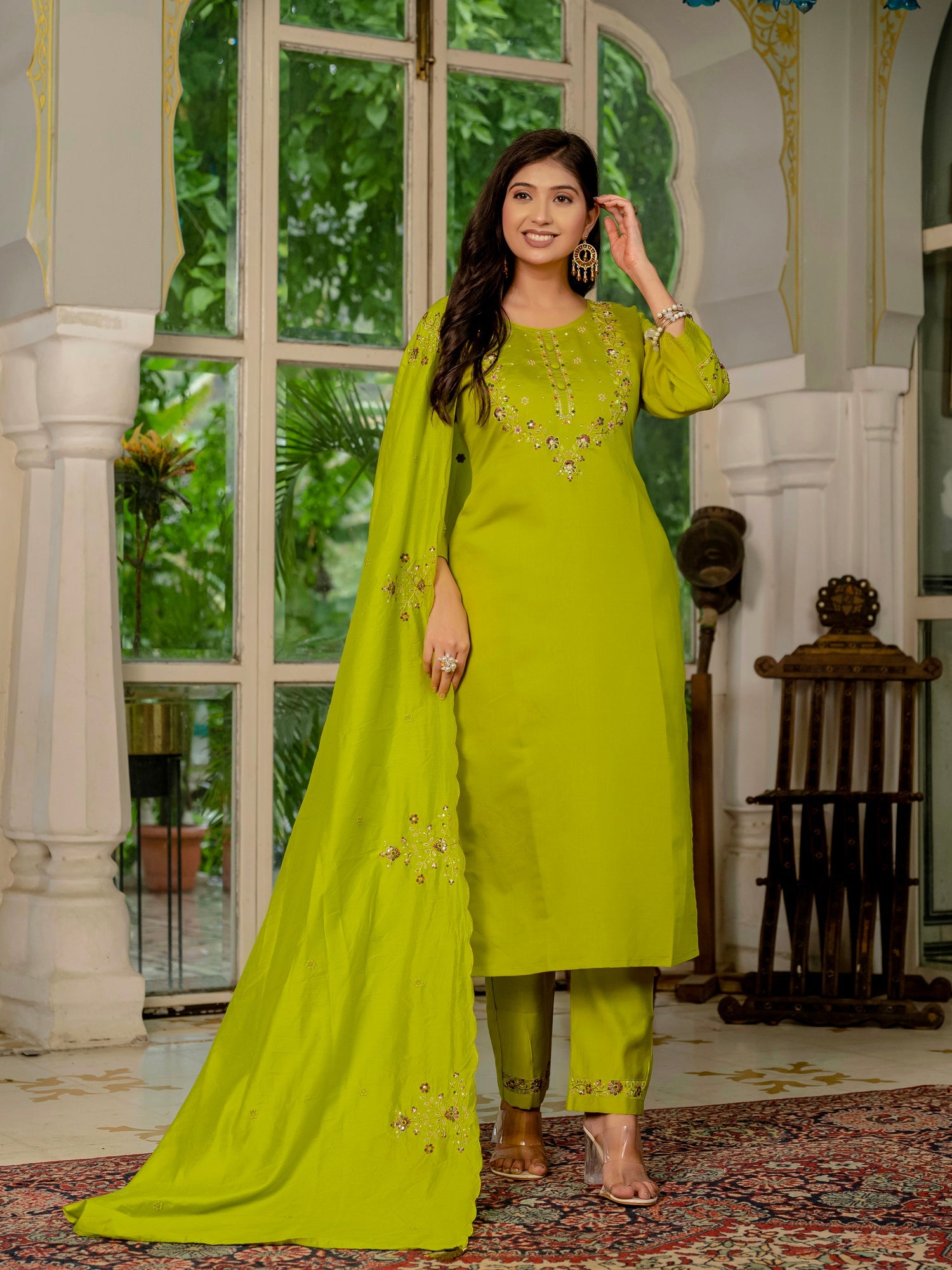 Lorenvalley Fashion Parrotgreen Marina Silk Multi Embroidery Thread,With Hand Work Kurta Pant Dupatta - Swadesiicart