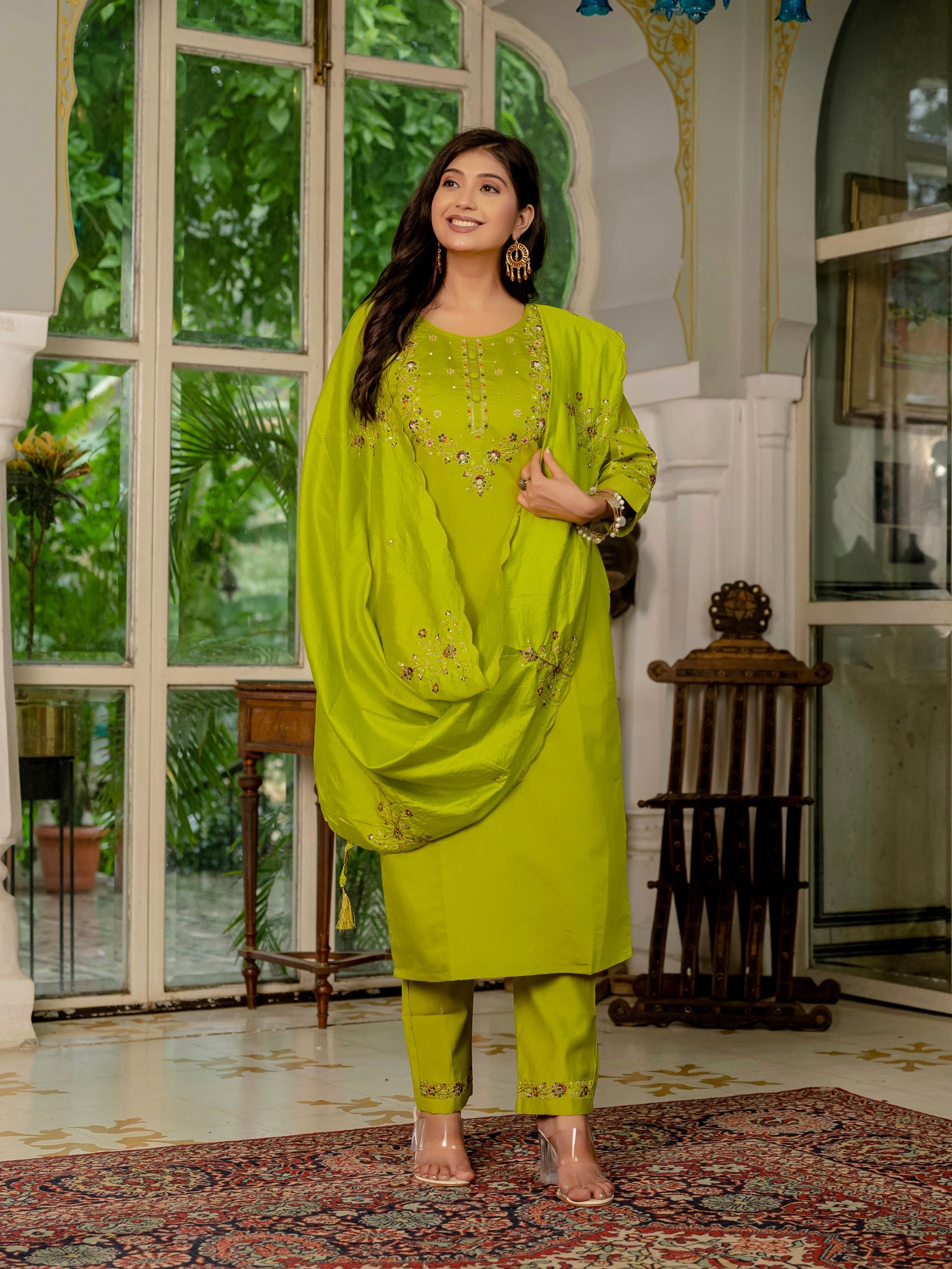 Lorenvalley Fashion Parrotgreen Marina Silk Multi Embroidery Thread,With Hand Work Kurta Pant Dupatta - Swadesiicart