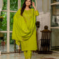 Lorenvalley Fashion Parrotgreen Marina Silk Multi Embroidery Thread,With Hand Work Kurta Pant Dupatta - Swadesiicart