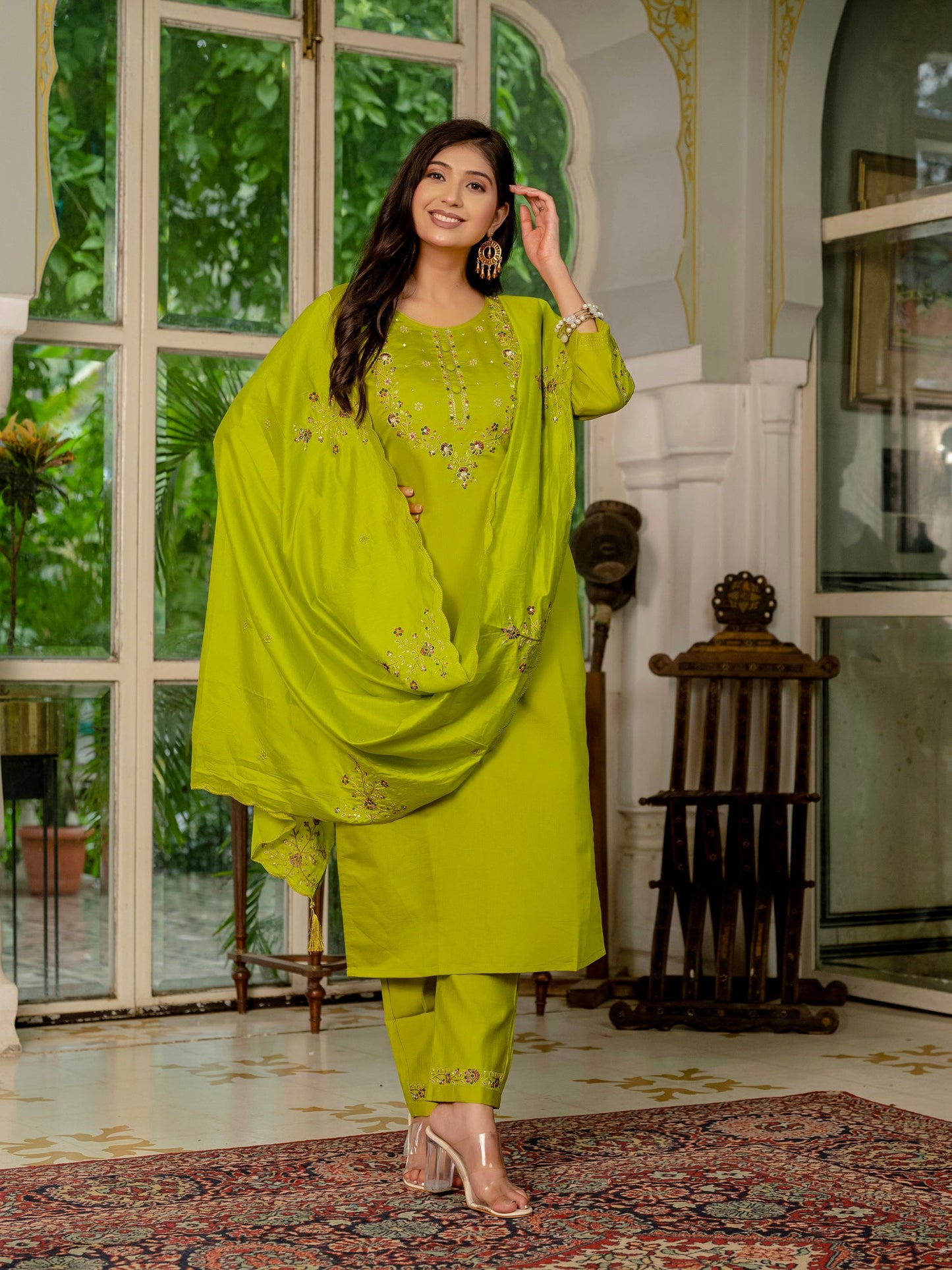 Lorenvalley Fashion Parrotgreen Marina Silk Multi Embroidery Thread,With Hand Work Kurta Pant Dupatta - Swadesiicart