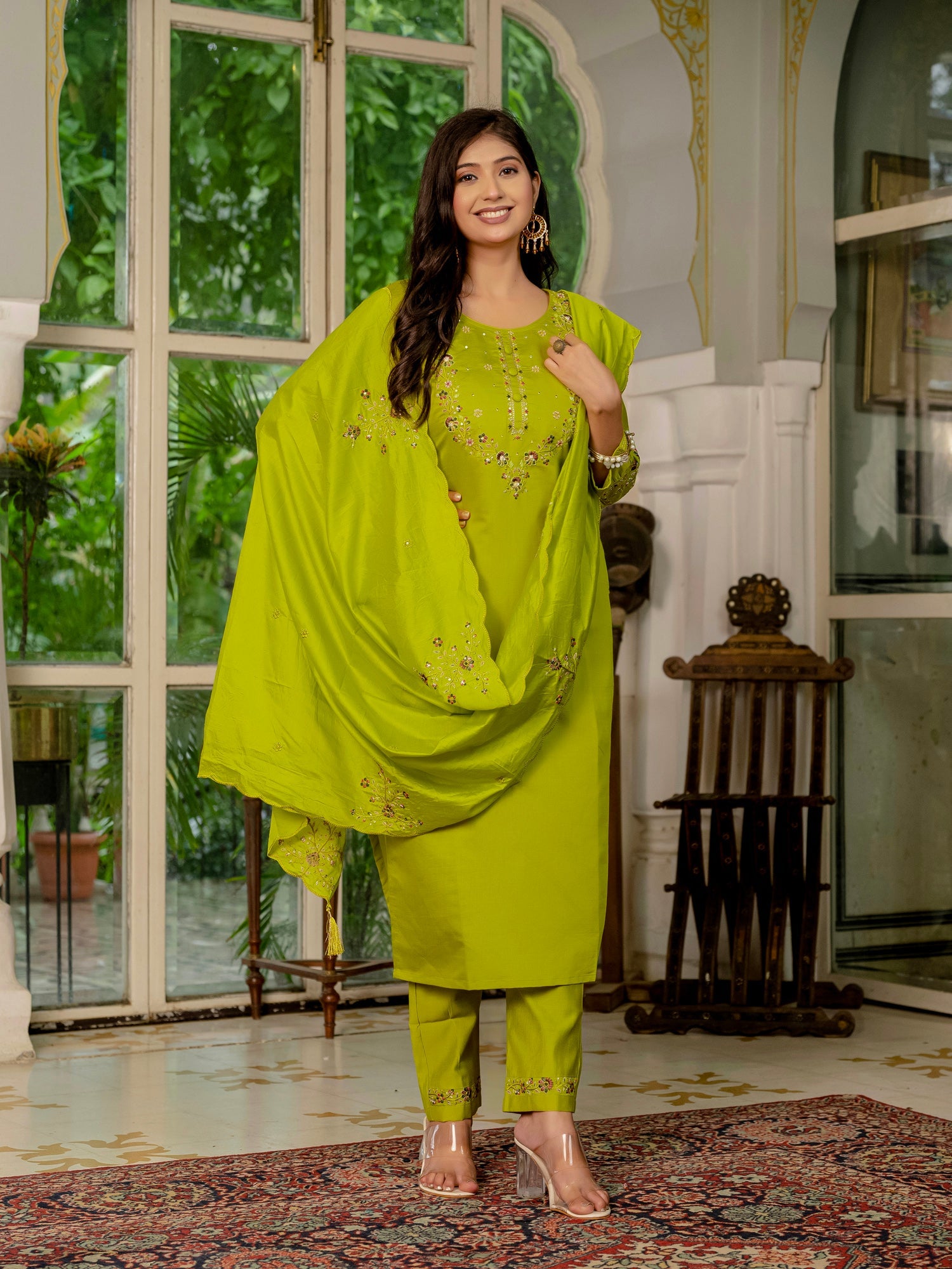 Lorenvalley Fashion Parrotgreen Marina Silk Multi Embroidery Thread,With Hand Work Kurta Pant Dupatta - Swadesiicart