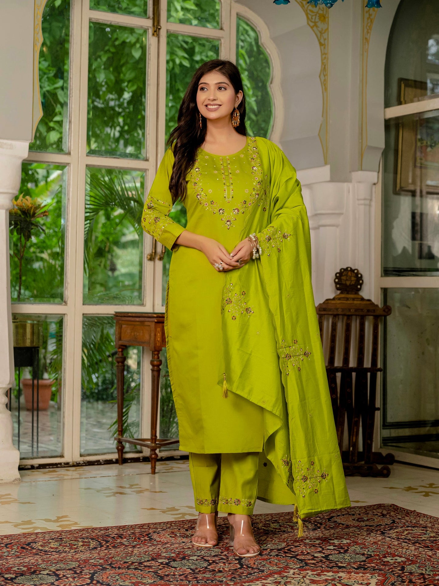 Lorenvalley Fashion Parrotgreen Marina Silk Multi Embroidery Thread,With Hand Work Kurta Pant Dupatta - Swadesiicart