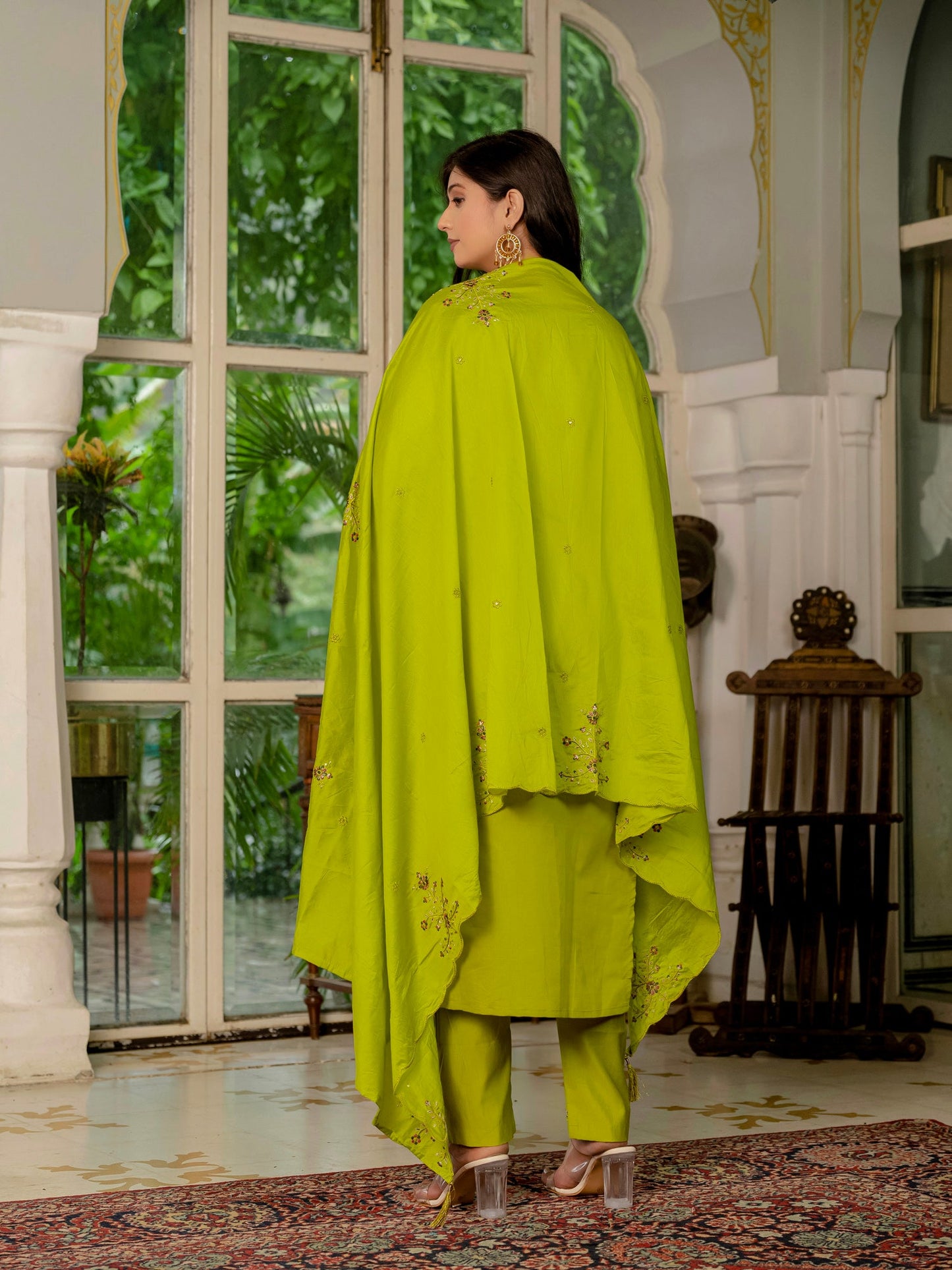 Lorenvalley Fashion Parrotgreen Marina Silk Multi Embroidery Thread,With Hand Work Kurta Pant Dupatta - Swadesiicart