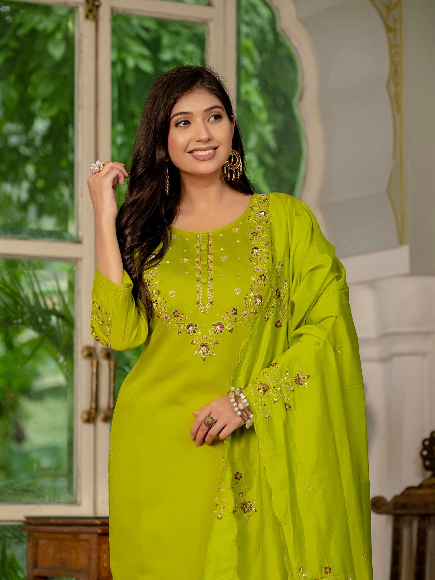 Lorenvalley Fashion Parrotgreen Marina Silk Multi Embroidery Thread,With Hand Work Kurta Pant Dupatta - Swadesiicart
