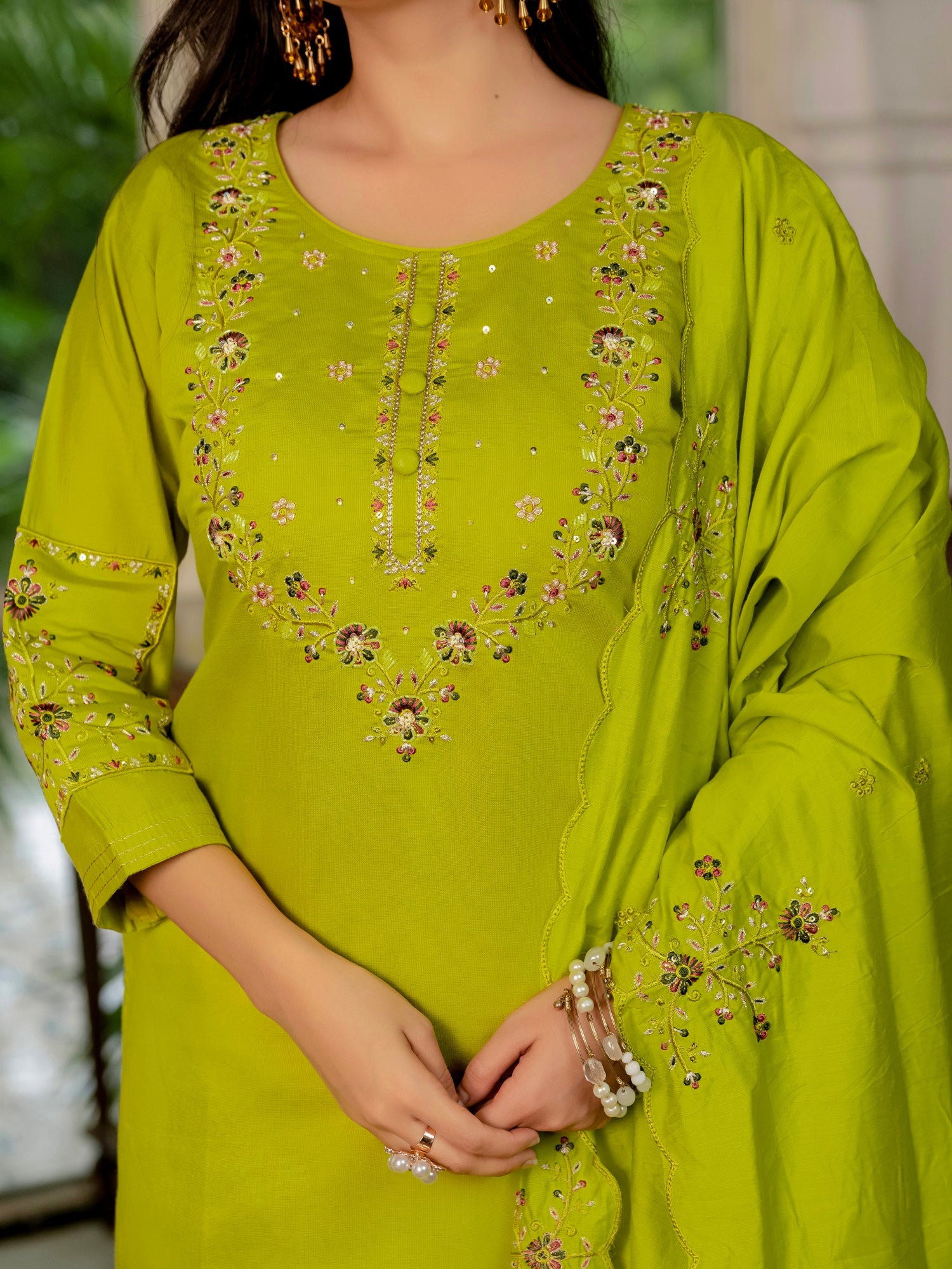 Lorenvalley Fashion Parrotgreen Marina Silk Multi Embroidery Thread,With Hand Work Kurta Pant Dupatta - Swadesiicart