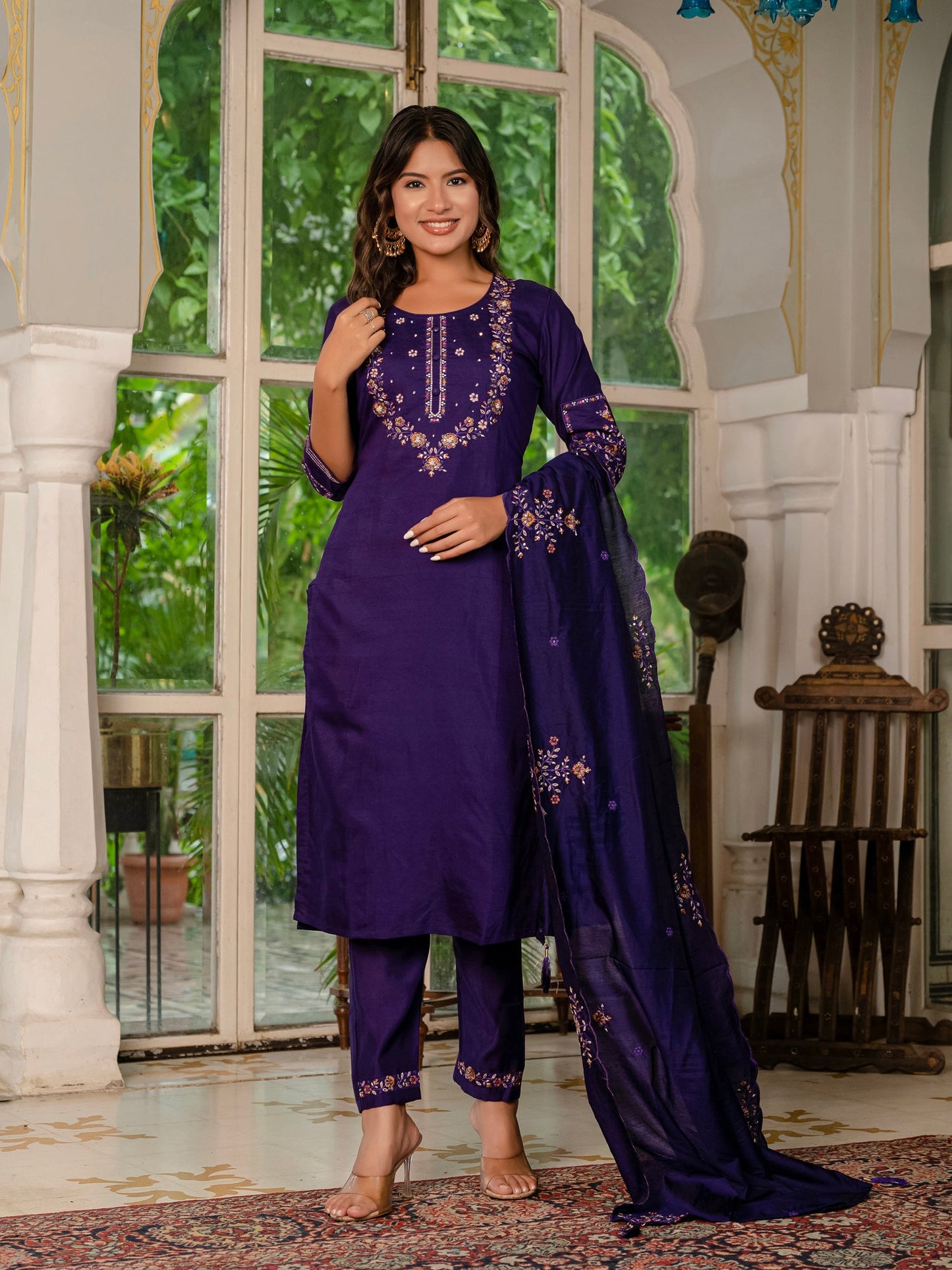Lorenvalley Fashion Wine Marina Silk Multi Embroidery Thread,With Hand Work Kurta Pant Dupatta - Swadesiicart