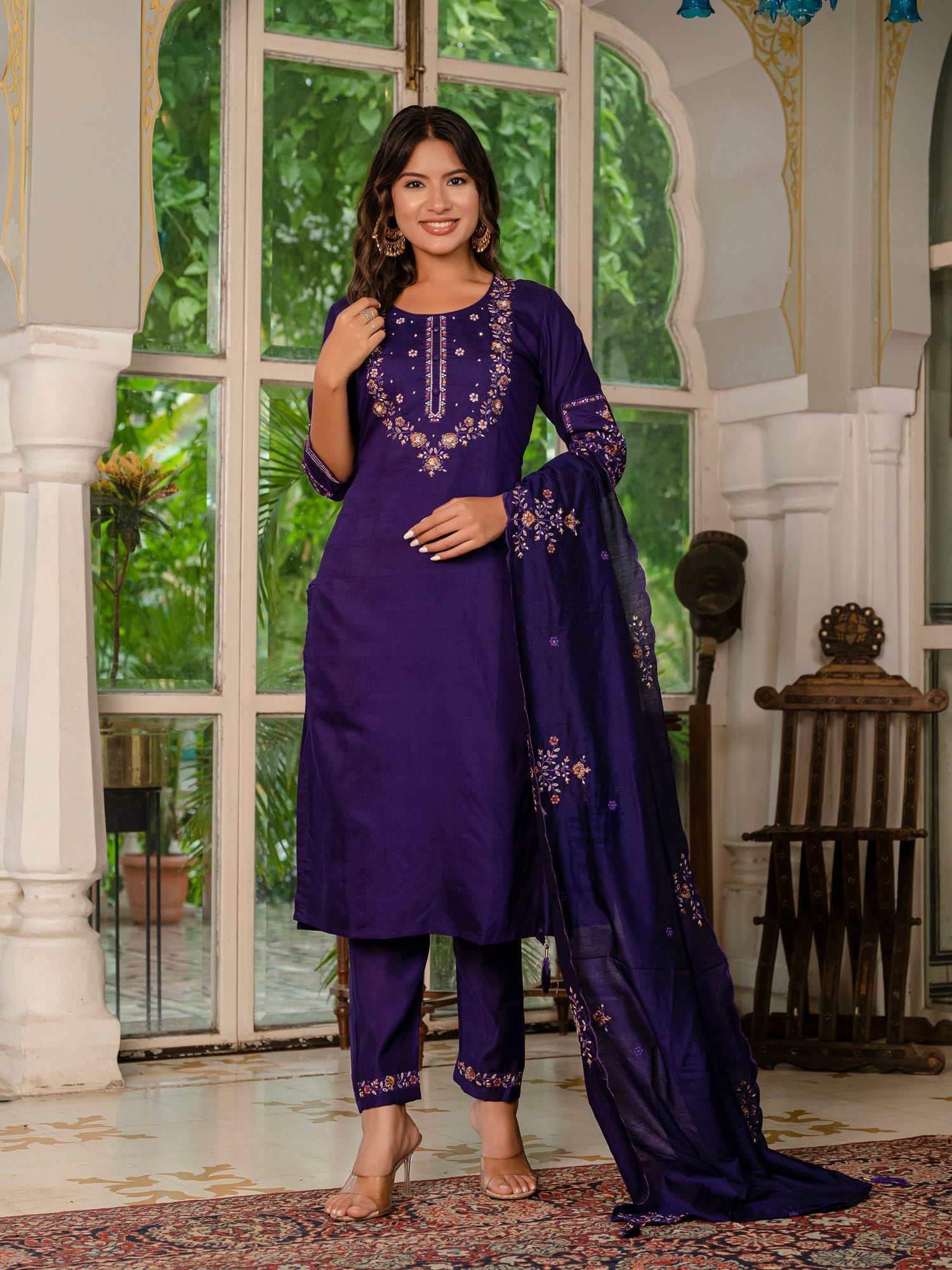 Lorenvalley Fashion Wine Marina Silk Multi Embroidery Thread,With Hand Work Kurta Pant Dupatta - Swadesiicart