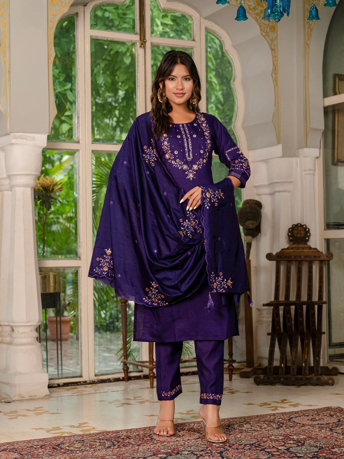 Lorenvalley Fashion Wine Marina Silk Multi Embroidery Thread,With Hand Work Kurta Pant Dupatta - Swadesiicart