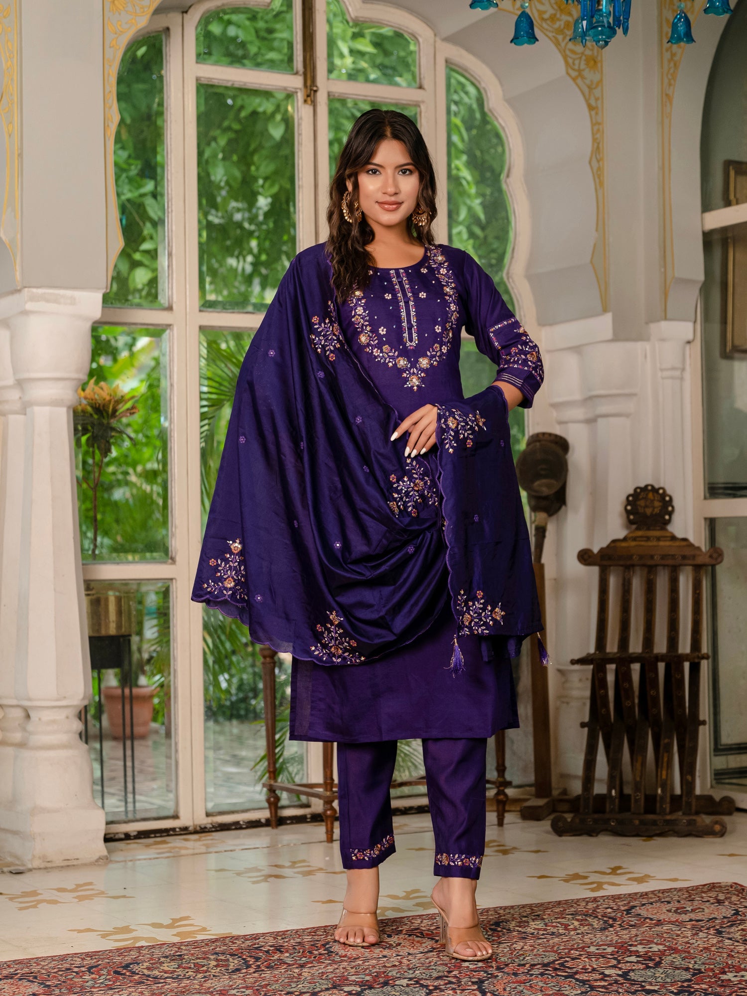 Lorenvalley Fashion Wine Marina Silk Multi Embroidery Thread,With Hand Work Kurta Pant Dupatta - Swadesiicart