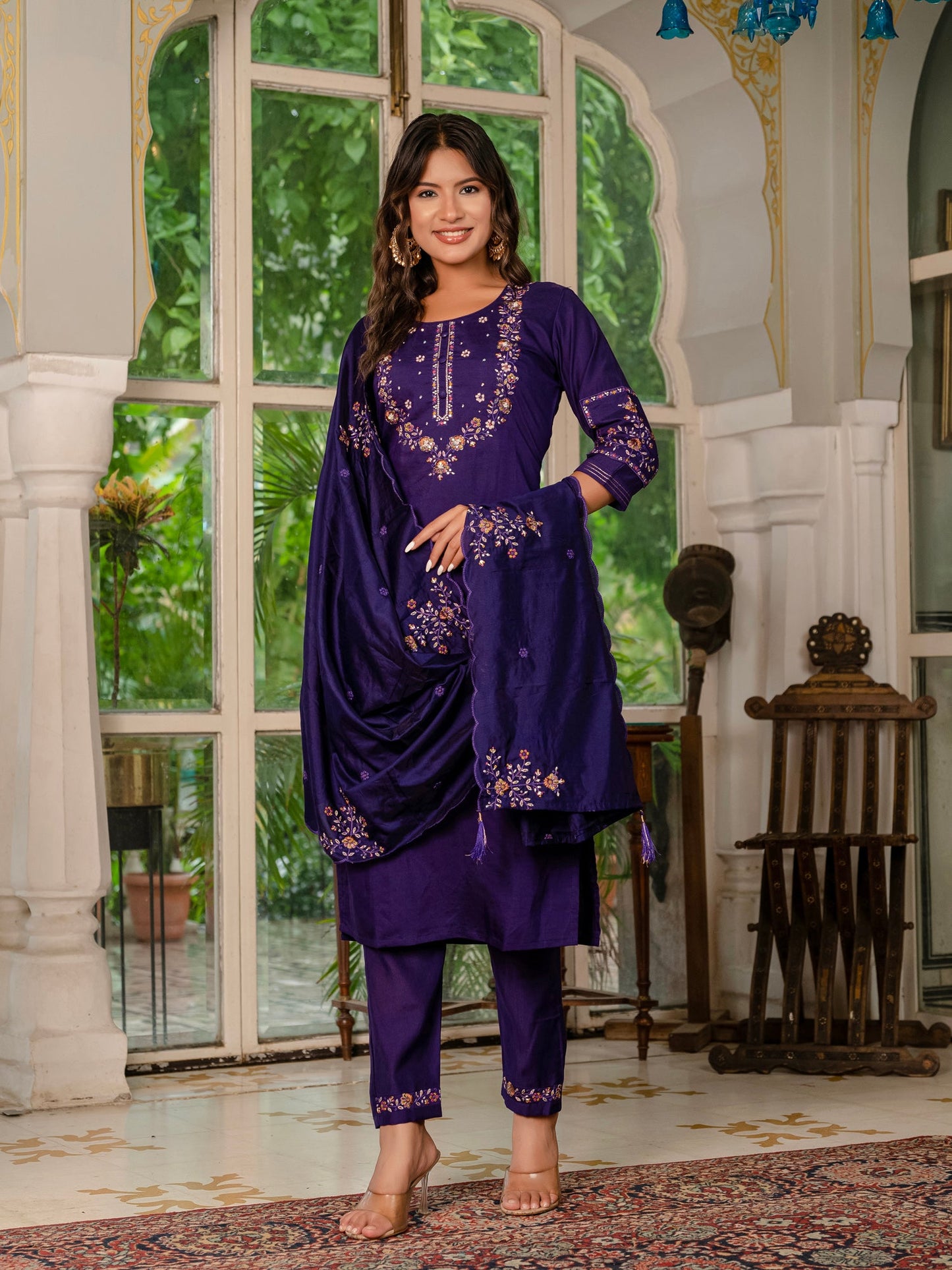 Lorenvalley Fashion Wine Marina Silk Multi Embroidery Thread,With Hand Work Kurta Pant Dupatta - Swadesiicart