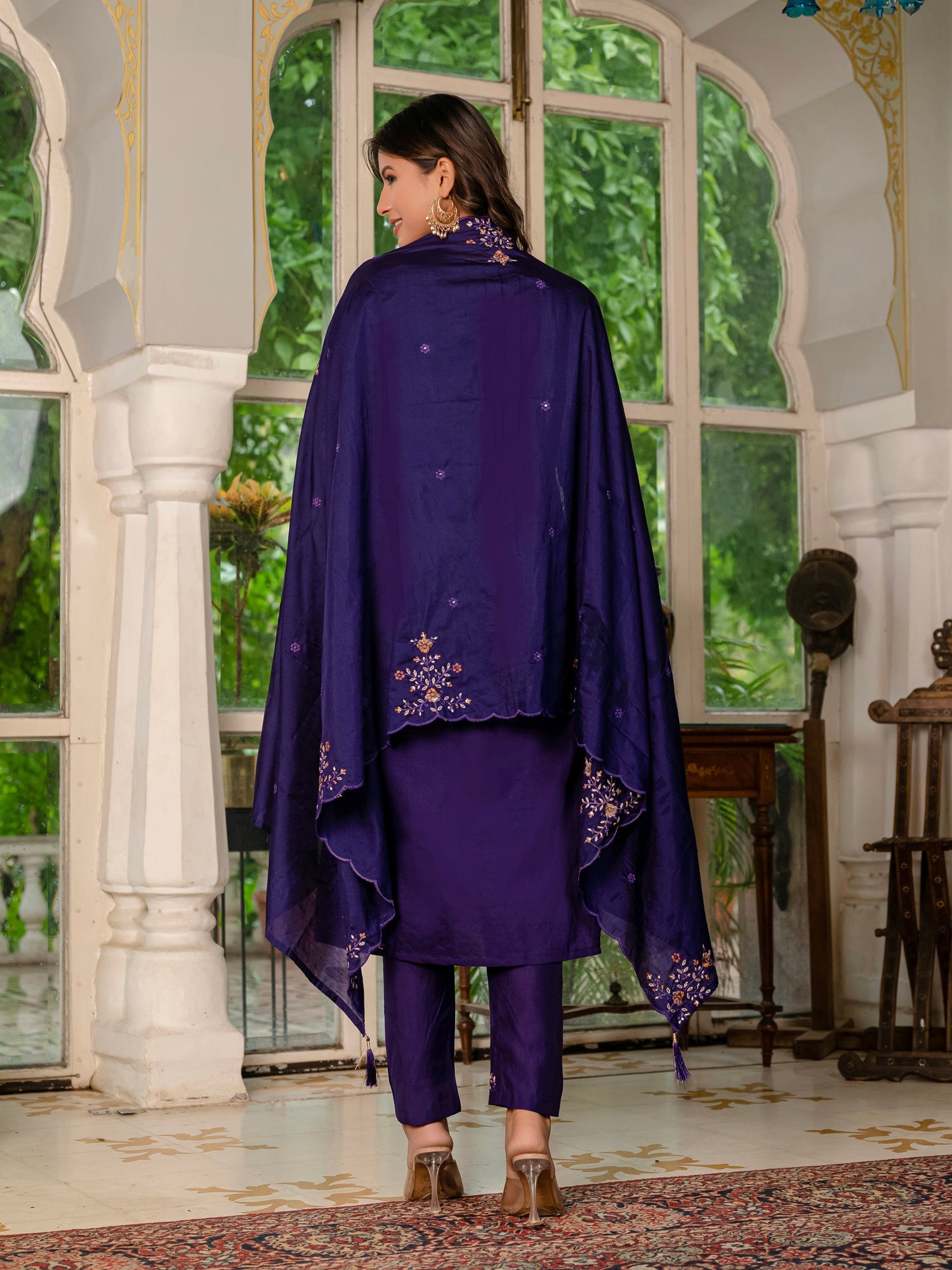 Lorenvalley Fashion Wine Marina Silk Multi Embroidery Thread,With Hand Work Kurta Pant Dupatta - Swadesiicart