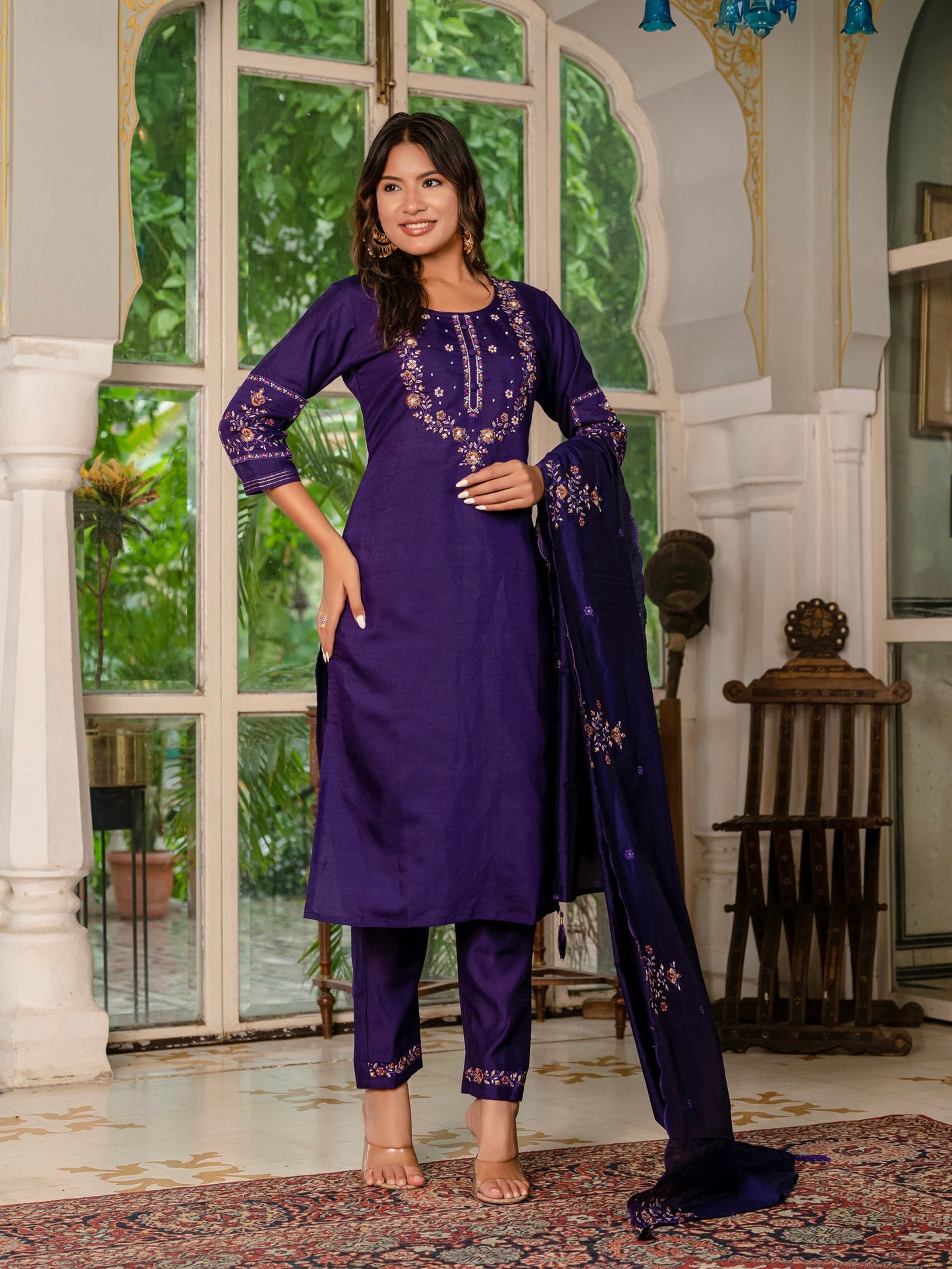 Lorenvalley Fashion Wine Marina Silk Multi Embroidery Thread,With Hand Work Kurta Pant Dupatta - Swadesiicart