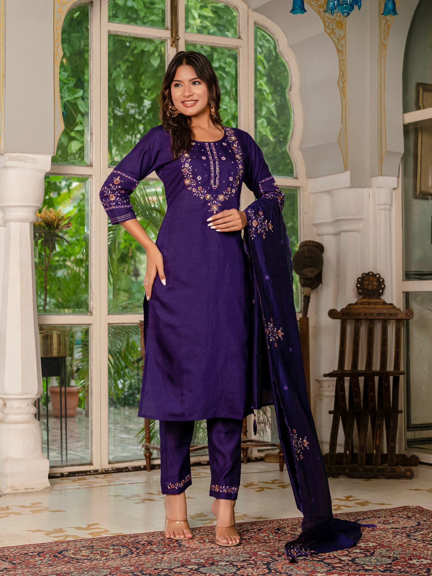 Lorenvalley Fashion Wine Marina Silk Multi Embroidery Thread,With Hand Work Kurta Pant Dupatta - Swadesiicart