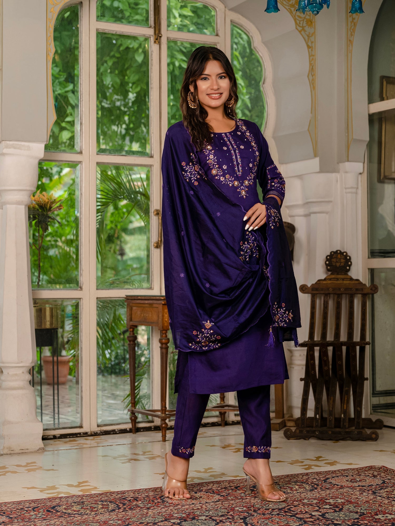 Lorenvalley Fashion Wine Marina Silk Multi Embroidery Thread,With Hand Work Kurta Pant Dupatta - Swadesiicart