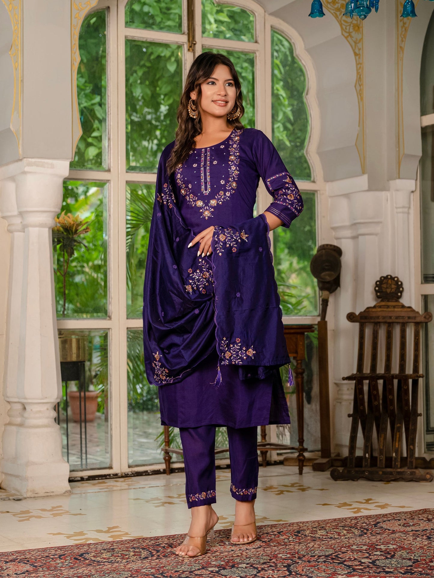 Lorenvalley Fashion Wine Marina Silk Multi Embroidery Thread,With Hand Work Kurta Pant Dupatta - Swadesiicart