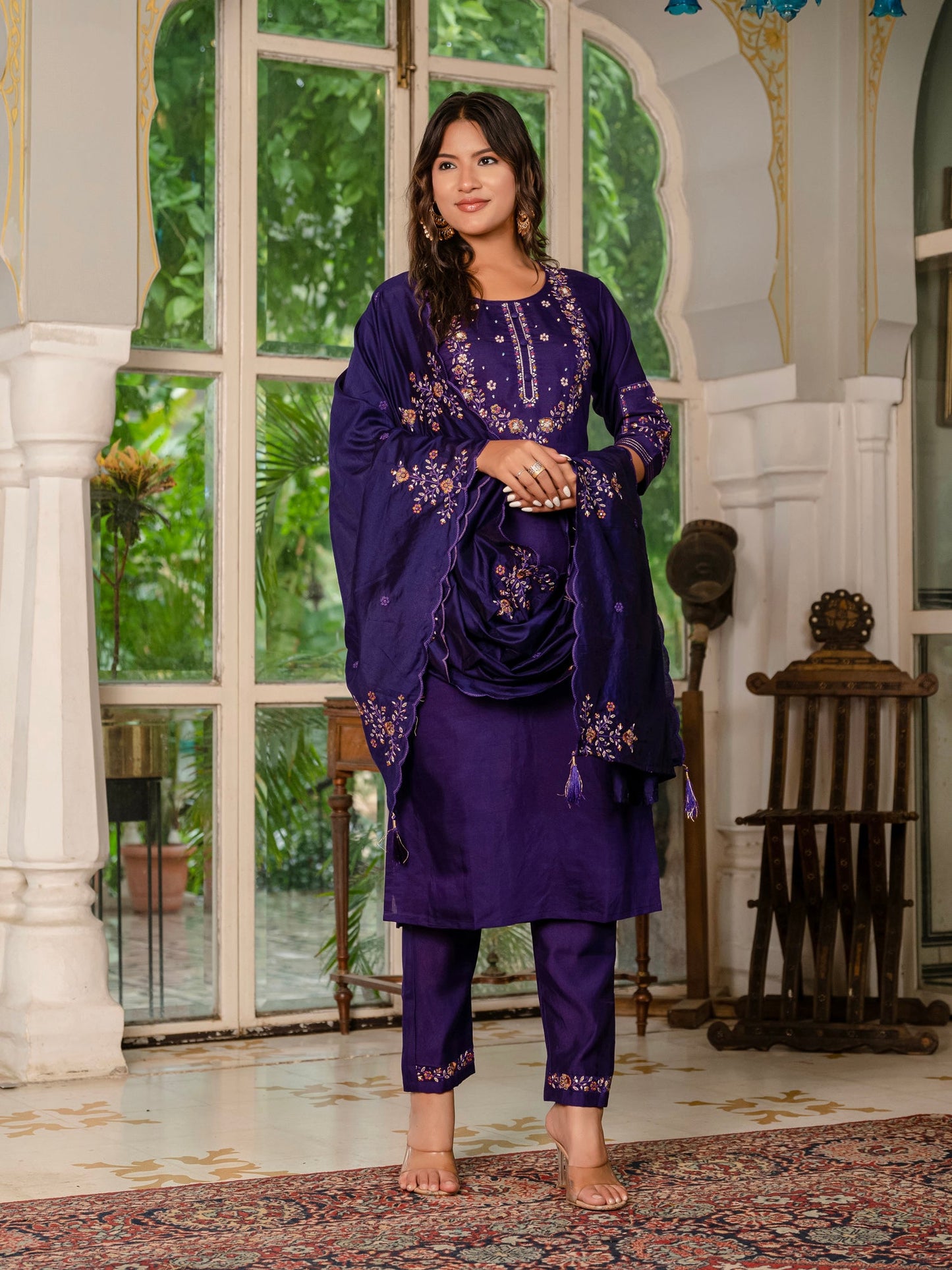 Lorenvalley Fashion Wine Marina Silk Multi Embroidery Thread,With Hand Work Kurta Pant Dupatta - Swadesiicart