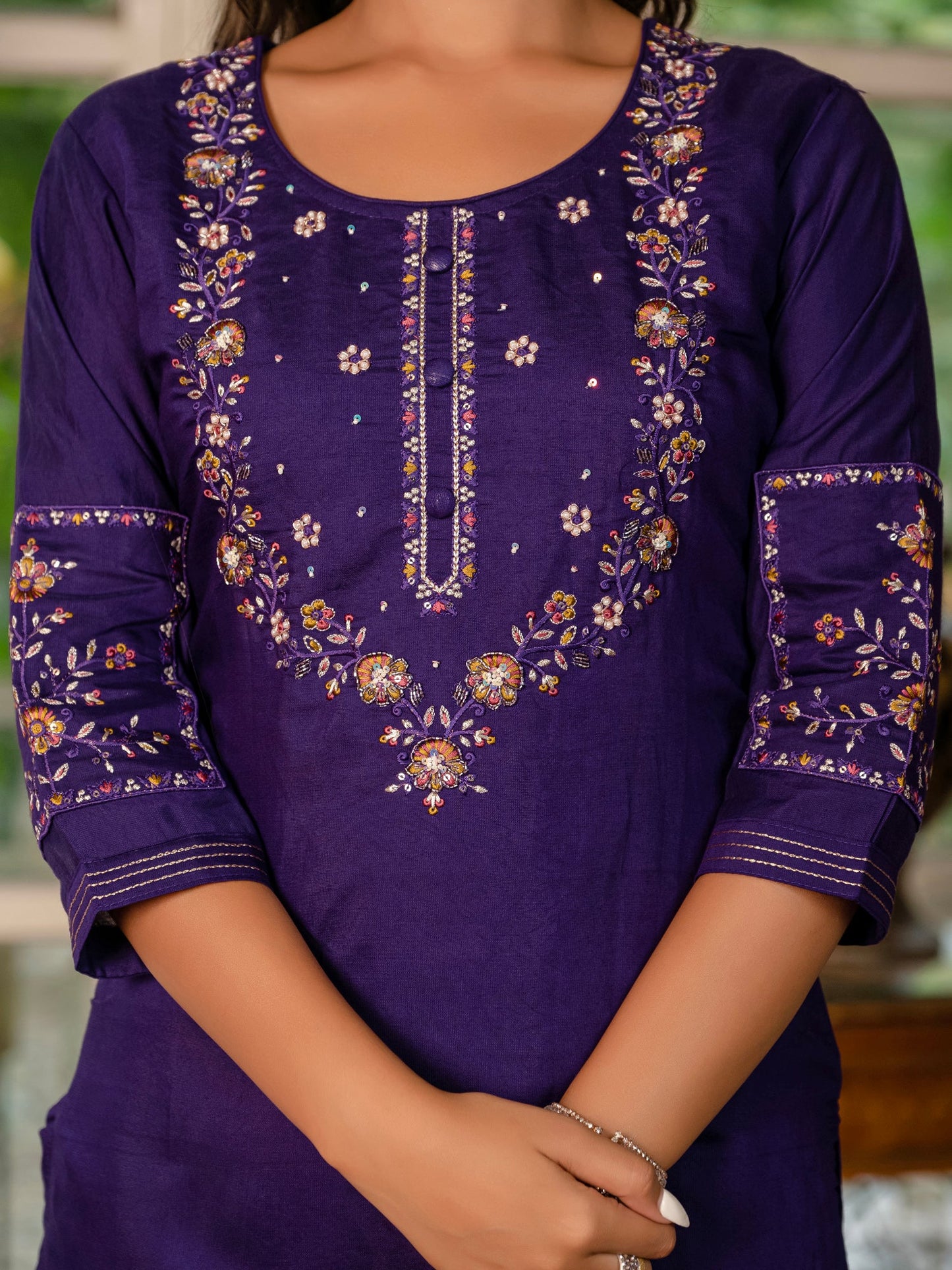Lorenvalley Fashion Wine Marina Silk Multi Embroidery Thread,With Hand Work Kurta Pant Dupatta - Swadesiicart