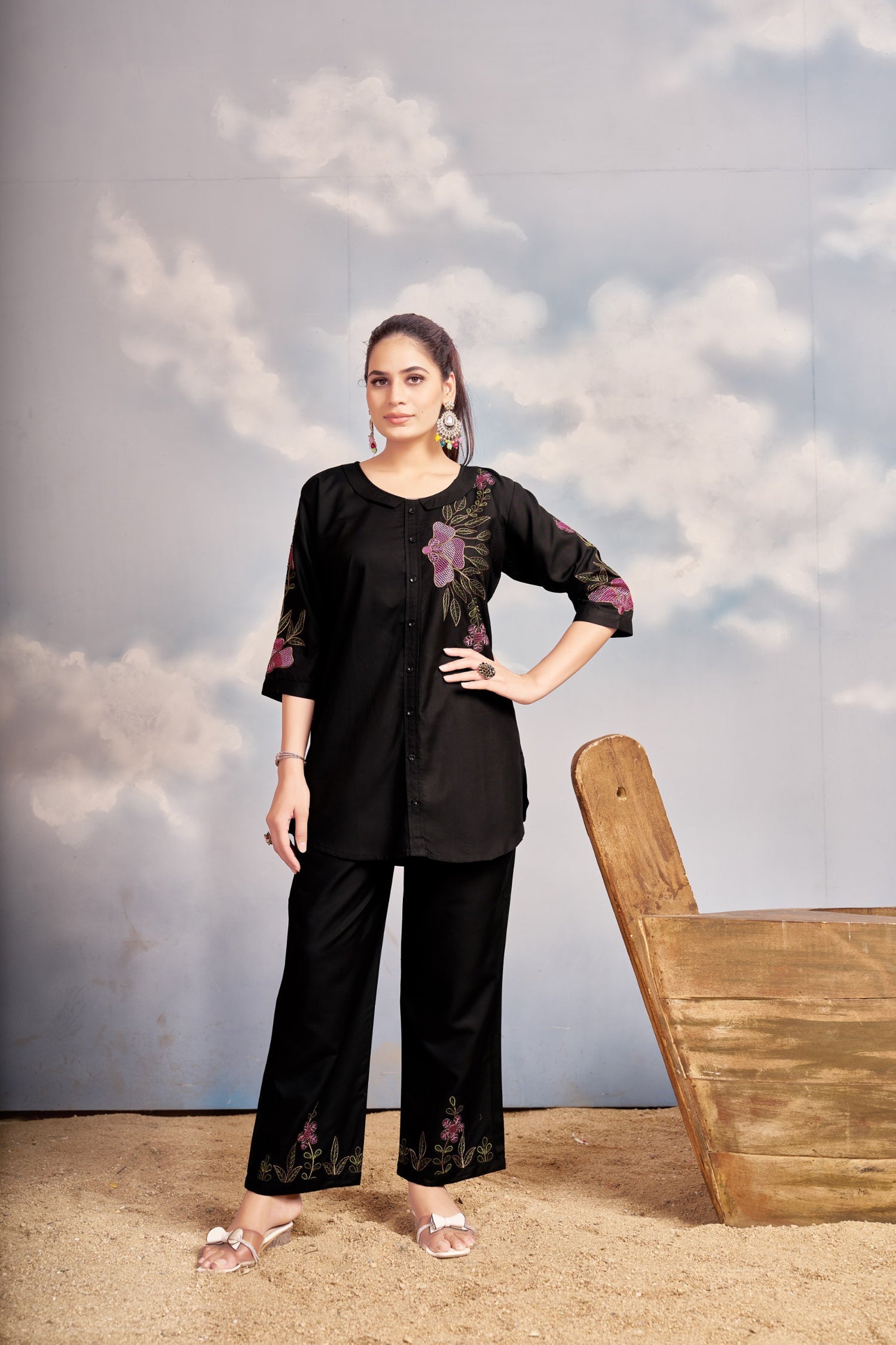 Lorenvalley Fashion Black Heavy Rayon Multi Embroidery Thread Work Co-Ords Set - Swadesiicart