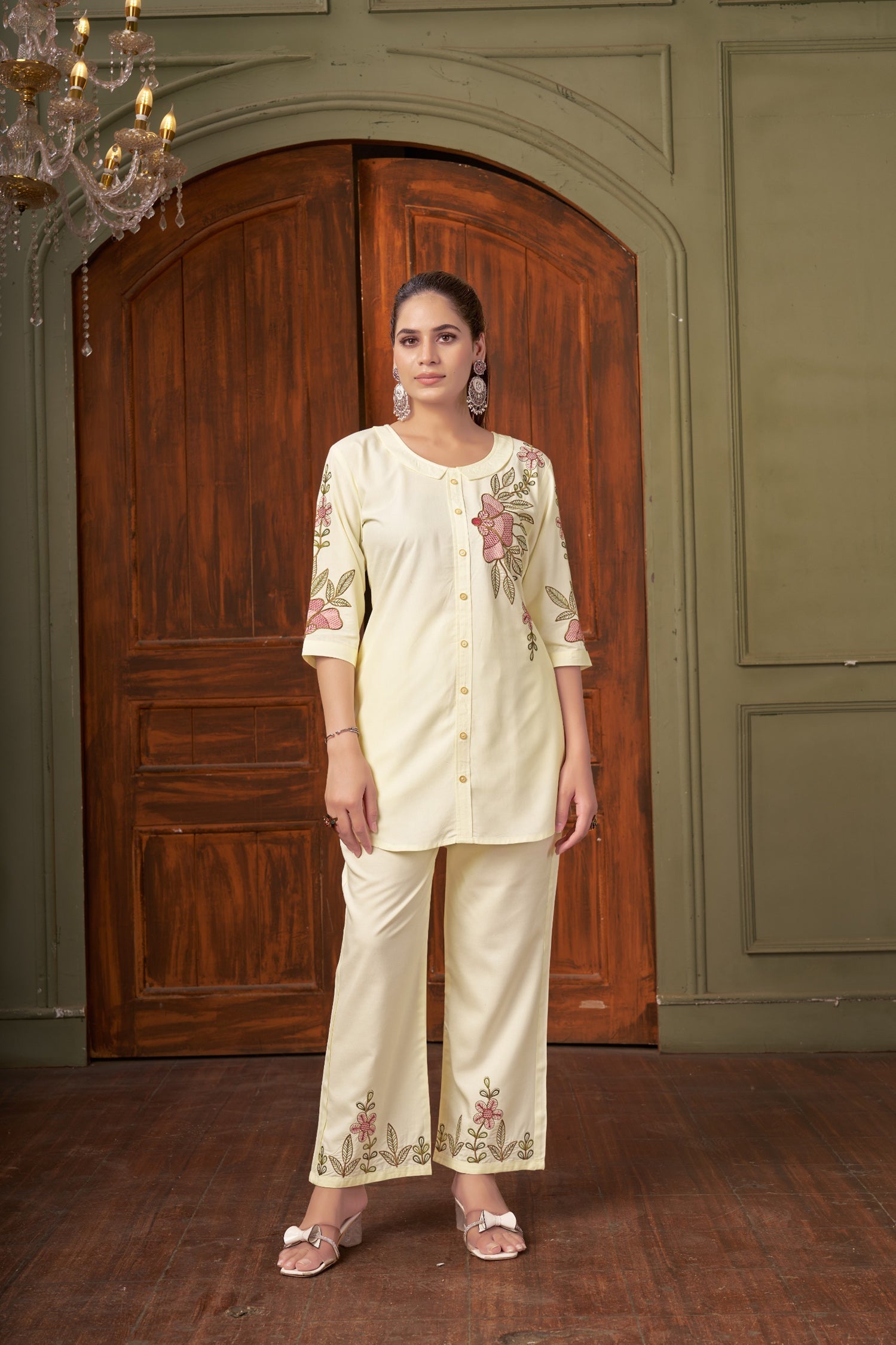 Lorenvalley Fashion Cream Heavy Rayon Multi Embroidery Thread Work Co-Ords Set - Swadesiicart