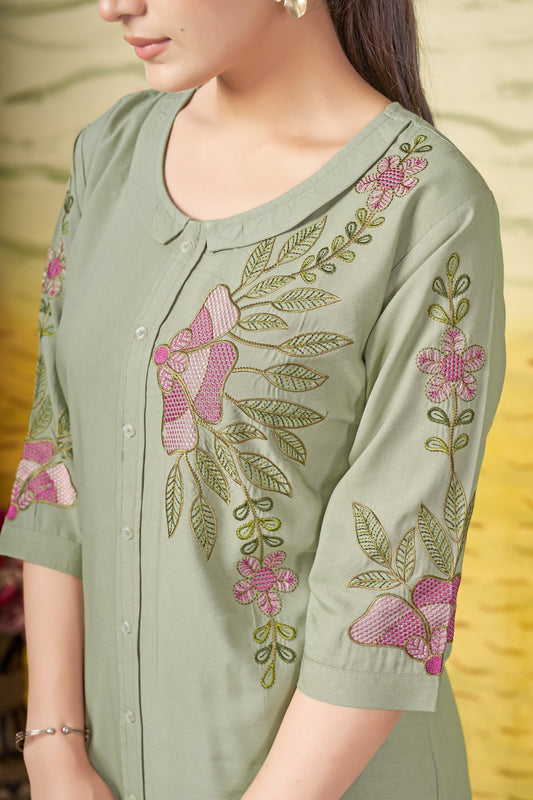 Lorenvalley Fashion Green Heavy Rayon Multi Embroidery Thread Work Co-Ords Set - Swadesiicart